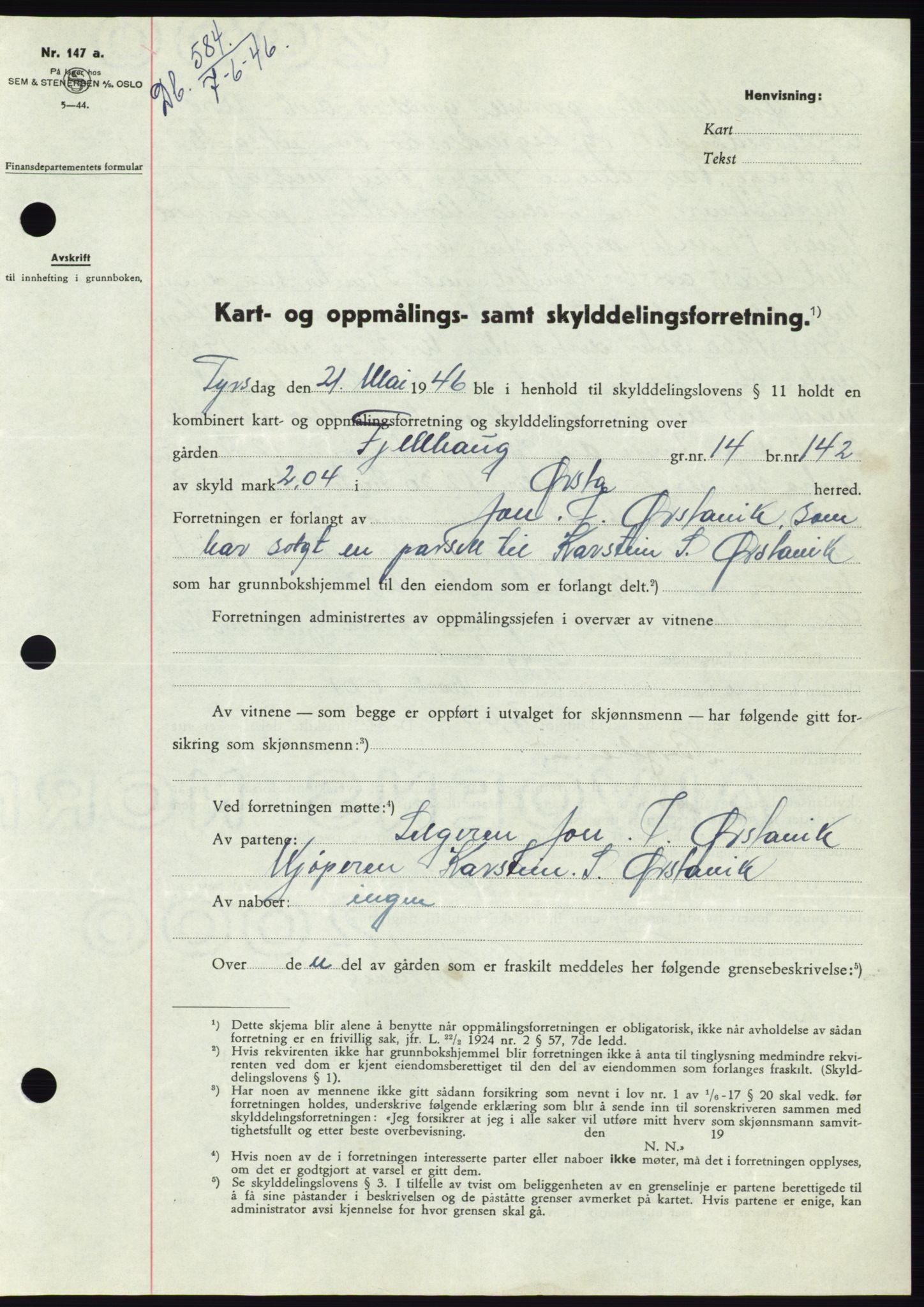 Søre Sunnmøre sorenskriveri, SAT/A-4122/1/2/2C/L0078: Pantebok nr. 4A, 1946-1946, Dagboknr: 584/1946