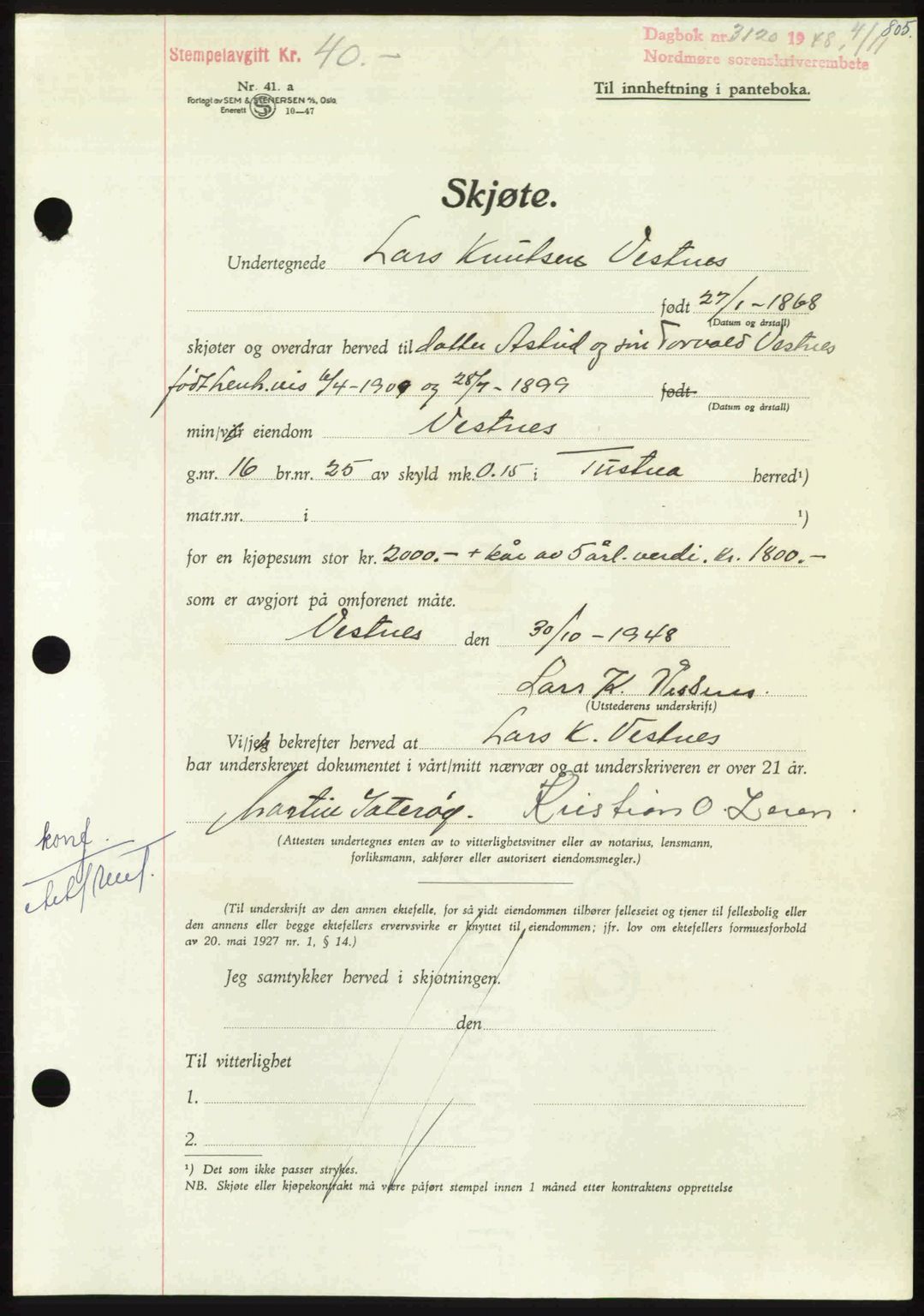 Nordmøre sorenskriveri, AV/SAT-A-4132/1/2/2Ca: Pantebok nr. A109, 1948-1948, Dagboknr: 3120/1948