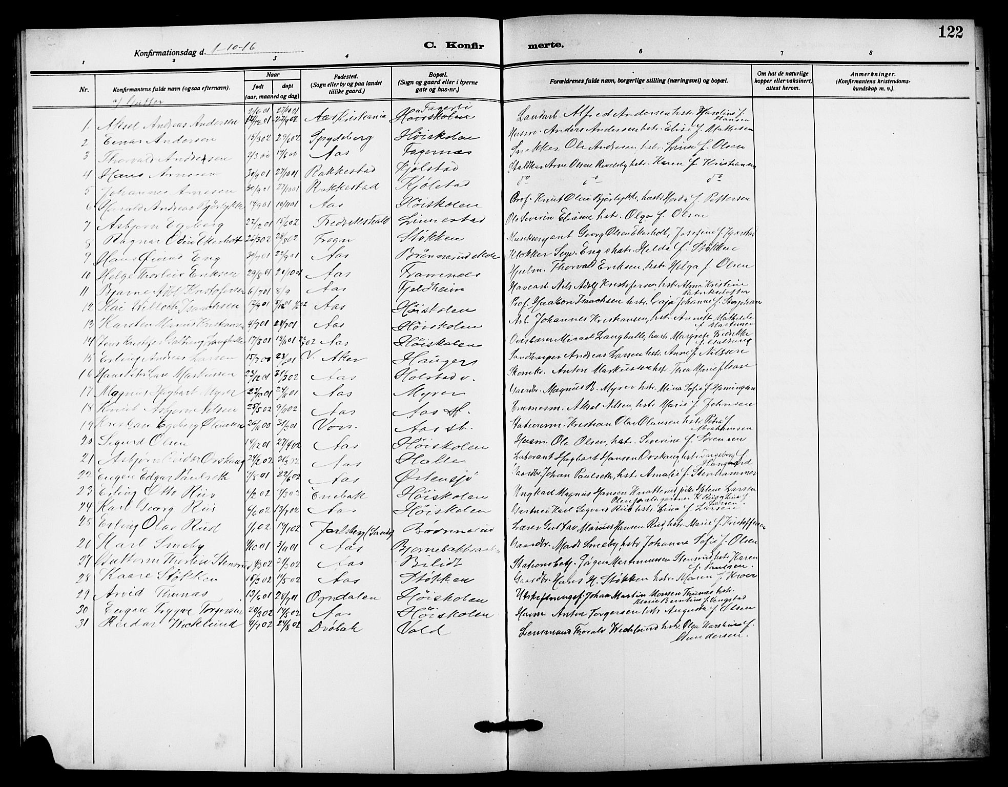 Ås prestekontor Kirkebøker, AV/SAO-A-10894/G/Ga/L0005: Klokkerbok nr. I 5, 1916-1924, s. 122