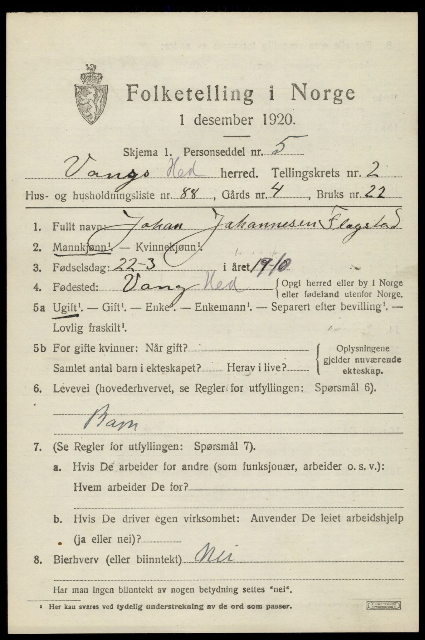 SAH, Folketelling 1920 for 0414 Vang herred, 1920, s. 7605