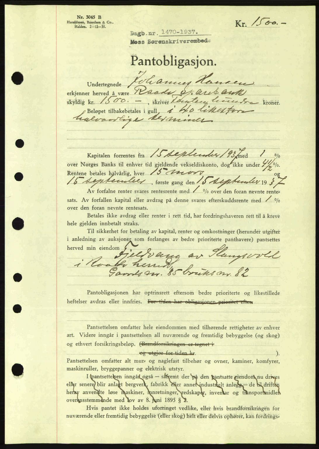 Moss sorenskriveri, SAO/A-10168: Pantebok nr. B4, 1937-1938, Dagboknr: 1470/1937