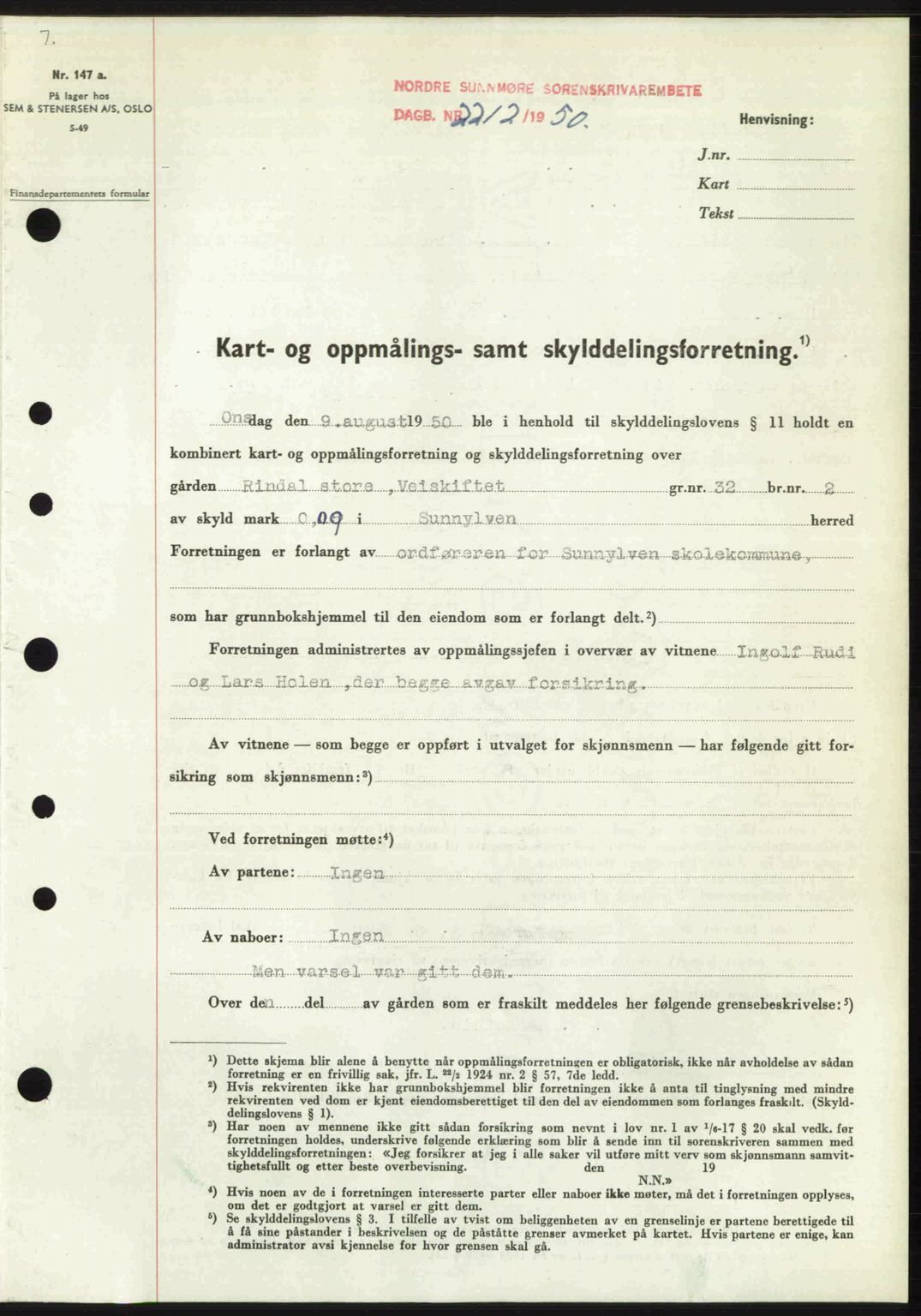 Nordre Sunnmøre sorenskriveri, SAT/A-0006/1/2/2C/2Ca: Pantebok nr. A36, 1950-1950, Dagboknr: 2212/1950