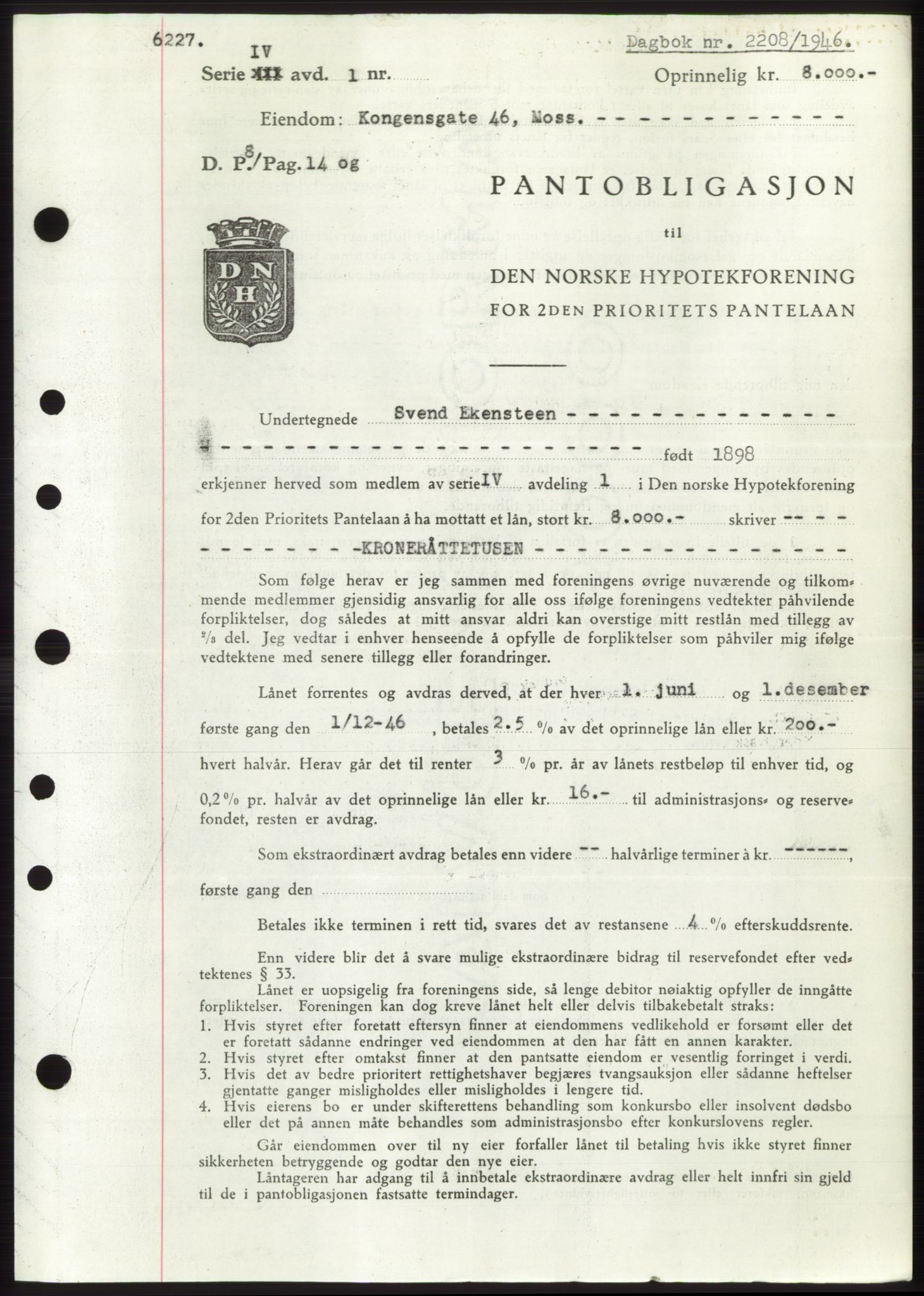 Moss sorenskriveri, SAO/A-10168: Pantebok nr. B15, 1946-1946, Dagboknr: 2208/1946