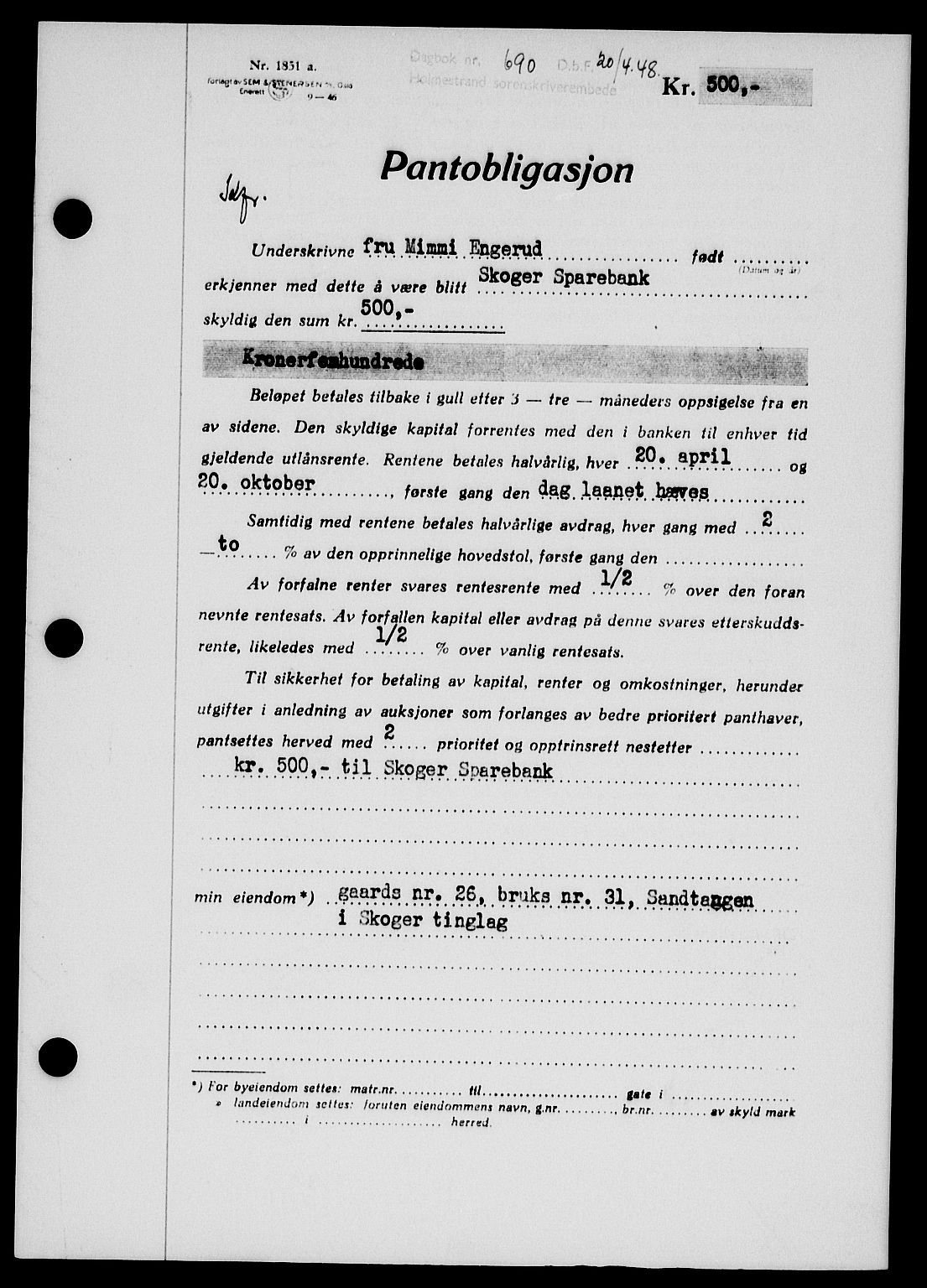 Holmestrand sorenskriveri, SAKO/A-67/G/Ga/Gab/L0058: Pantebok nr. B-58, 1947-1948, Dagboknr: 690/1948