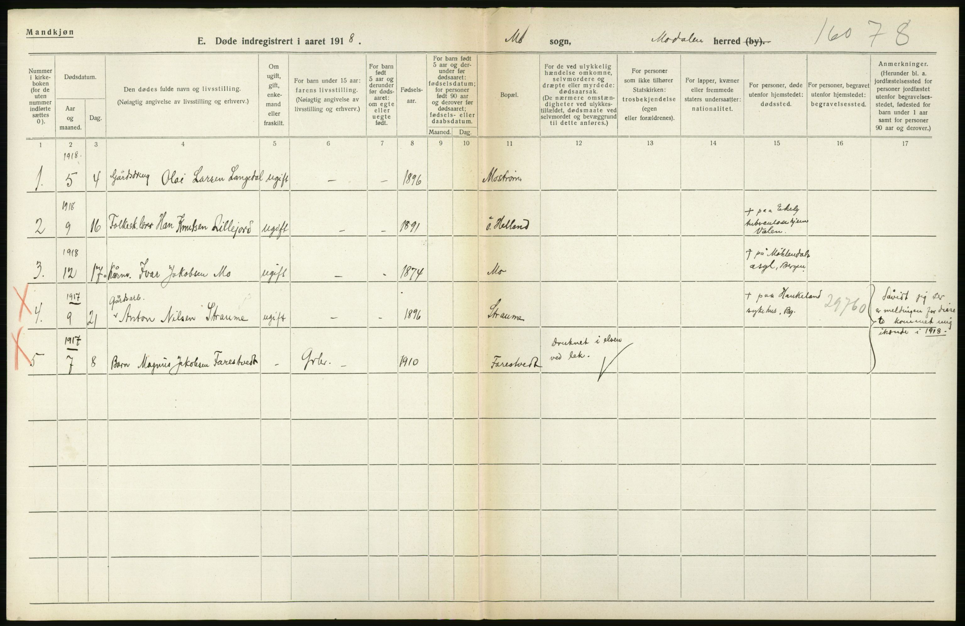 Statistisk sentralbyrå, Sosiodemografiske emner, Befolkning, AV/RA-S-2228/D/Df/Dfb/Dfbh/L0036: Hordaland fylke: Døde., 1918, s. 228