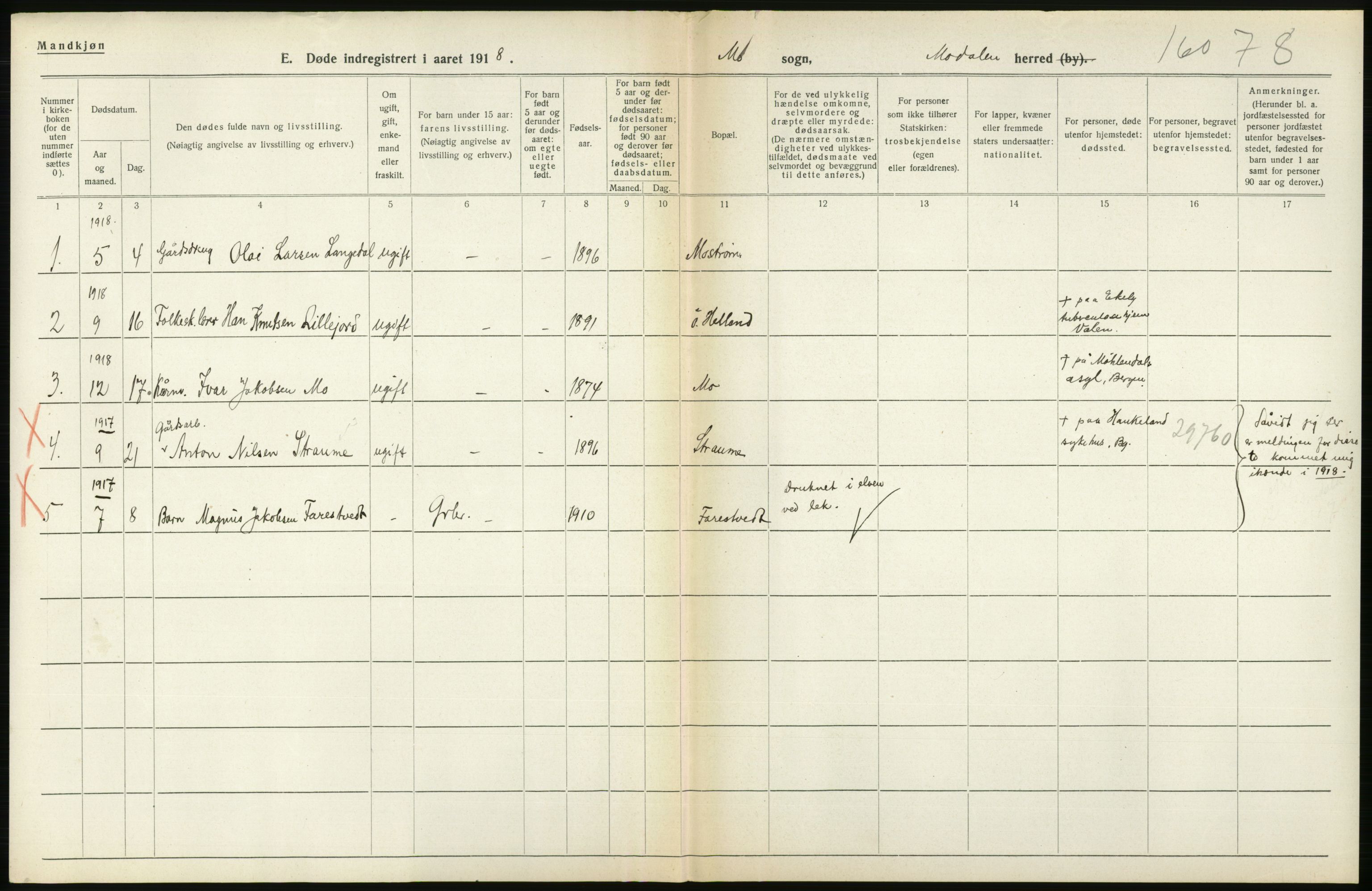 Statistisk sentralbyrå, Sosiodemografiske emner, Befolkning, RA/S-2228/D/Df/Dfb/Dfbh/L0036: Hordaland fylke: Døde., 1918, s. 228