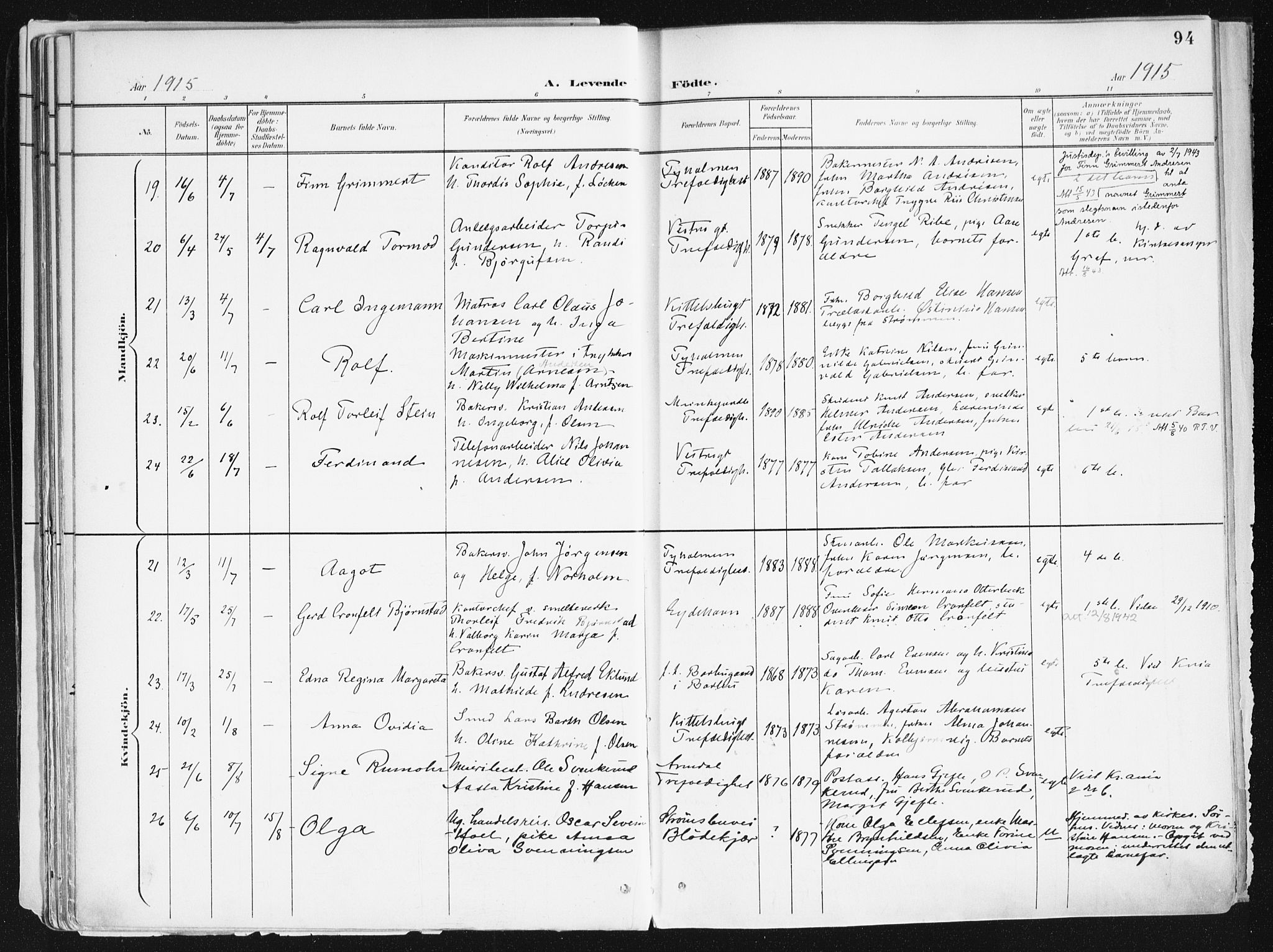Arendal sokneprestkontor, Trefoldighet, AV/SAK-1111-0040/F/Fa/L0010: Ministerialbok nr. A 10, 1900-1919, s. 94