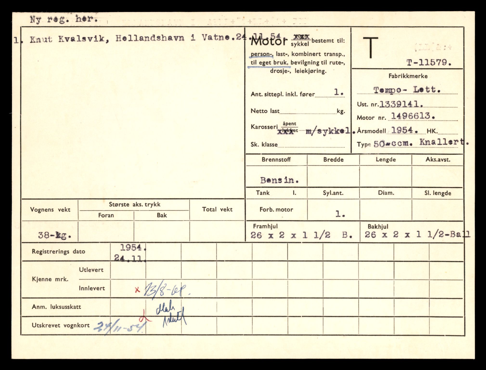 Møre og Romsdal vegkontor - Ålesund trafikkstasjon, AV/SAT-A-4099/F/Fe/L0029: Registreringskort for kjøretøy T 11430 - T 11619, 1927-1998, s. 2409