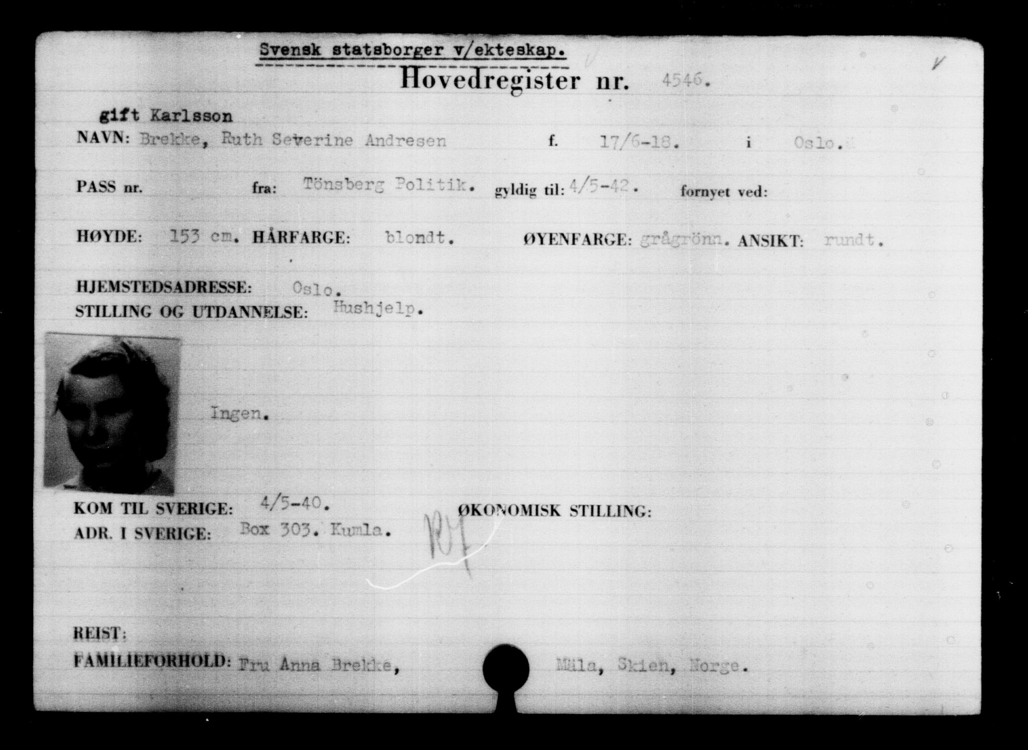 Utenriksstasjonene, Legasjonen i Stockholm, Flyktningkontoret, AV/RA-S-6753/V/Va/L0004: Kjesäterkartoteket, flyktninger med registreringsnr. 3496-6610, 1940-1945, s. 1254