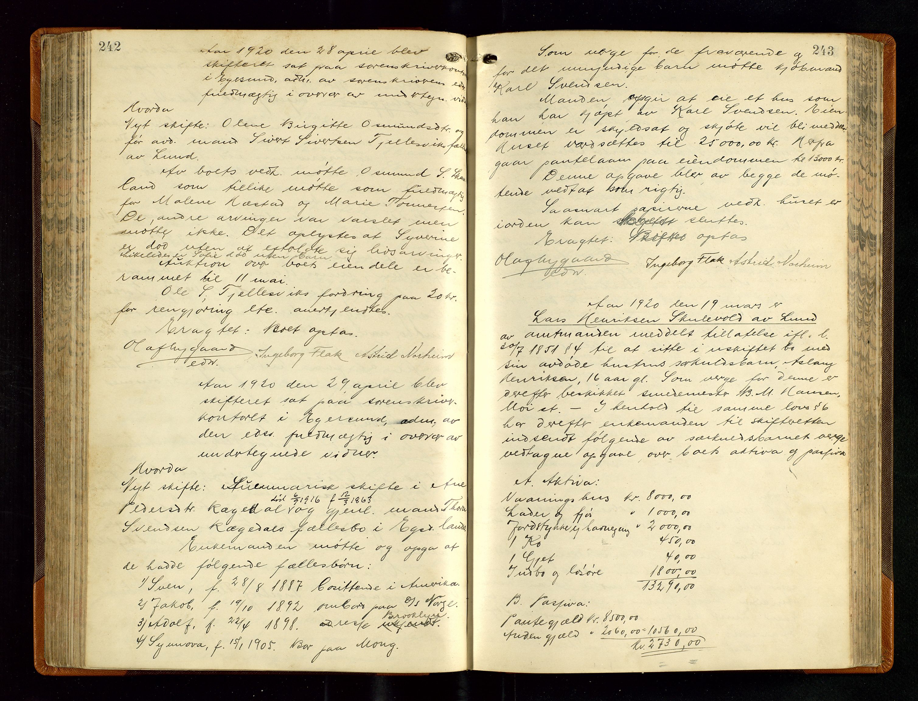 Dalane sorenskriveri, AV/SAST-A-100309/001/5/500/500BB/L0006: SKIFTEPROTOKOLL, 1914-1924, s. 242-243