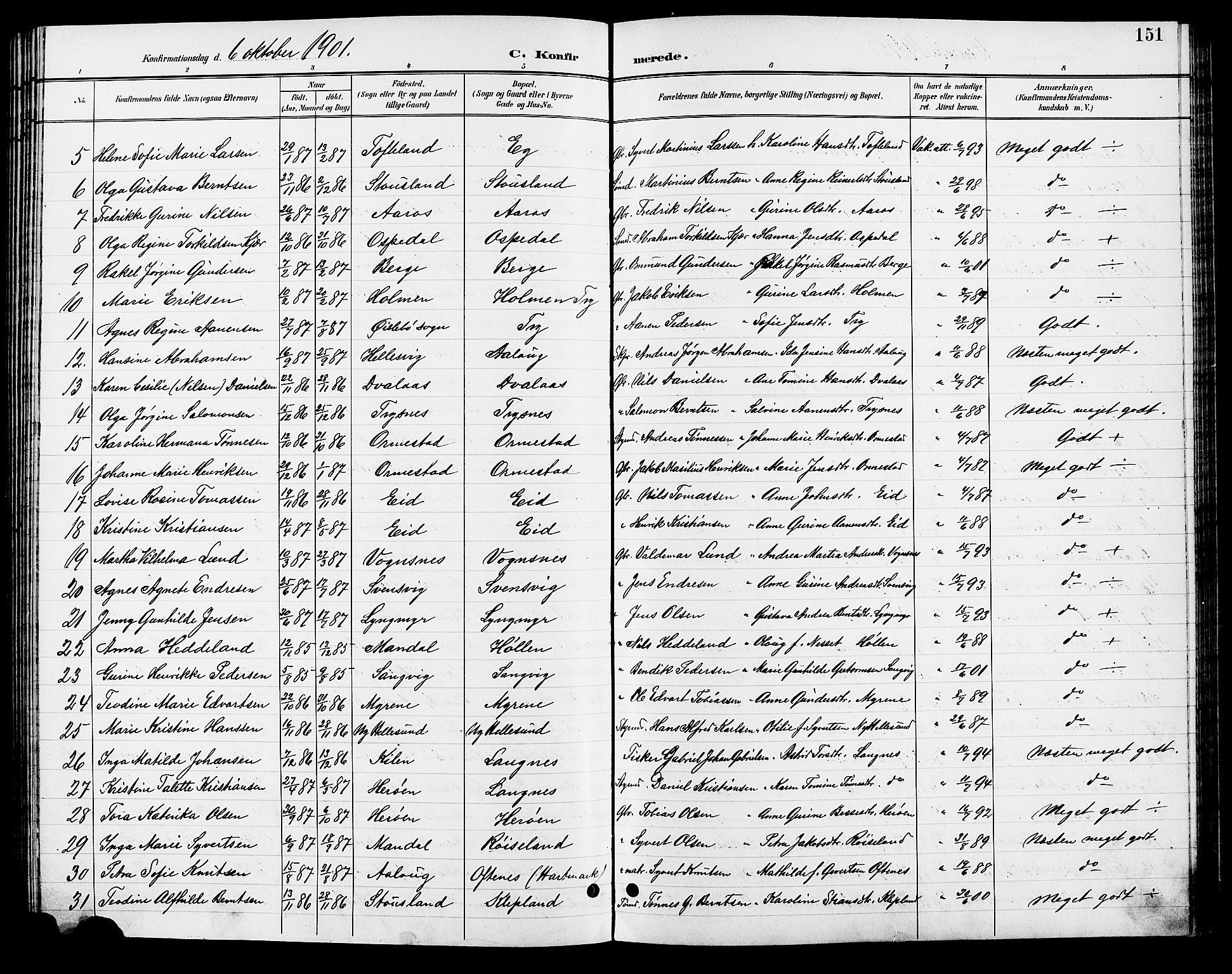 Søgne sokneprestkontor, AV/SAK-1111-0037/F/Fb/Fbb/L0006: Klokkerbok nr. B 6, 1892-1911, s. 151