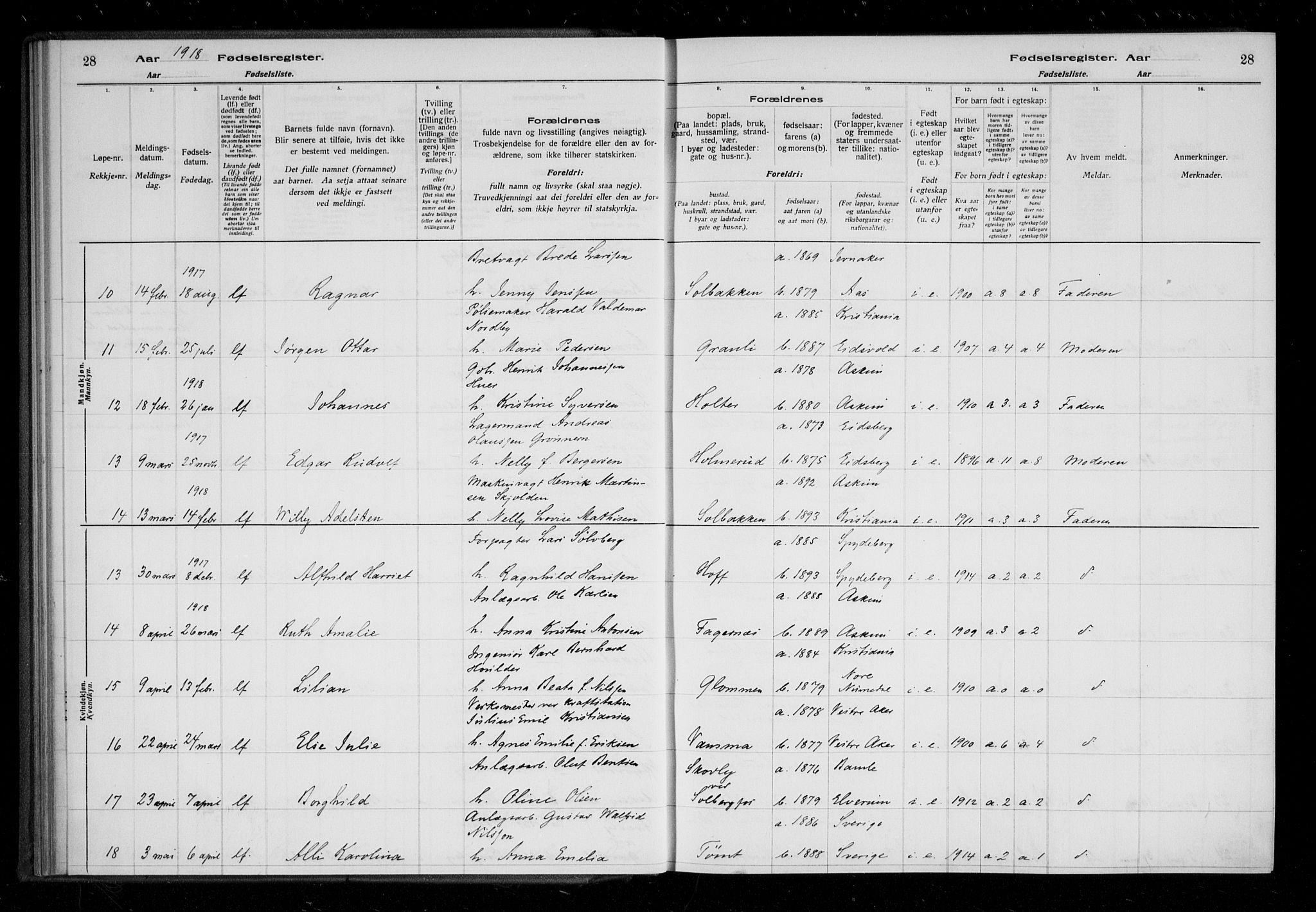 Askim prestekontor Kirkebøker, AV/SAO-A-10900/J/Ja/L0001: Fødselsregister nr. 1, 1916-1929, s. 28