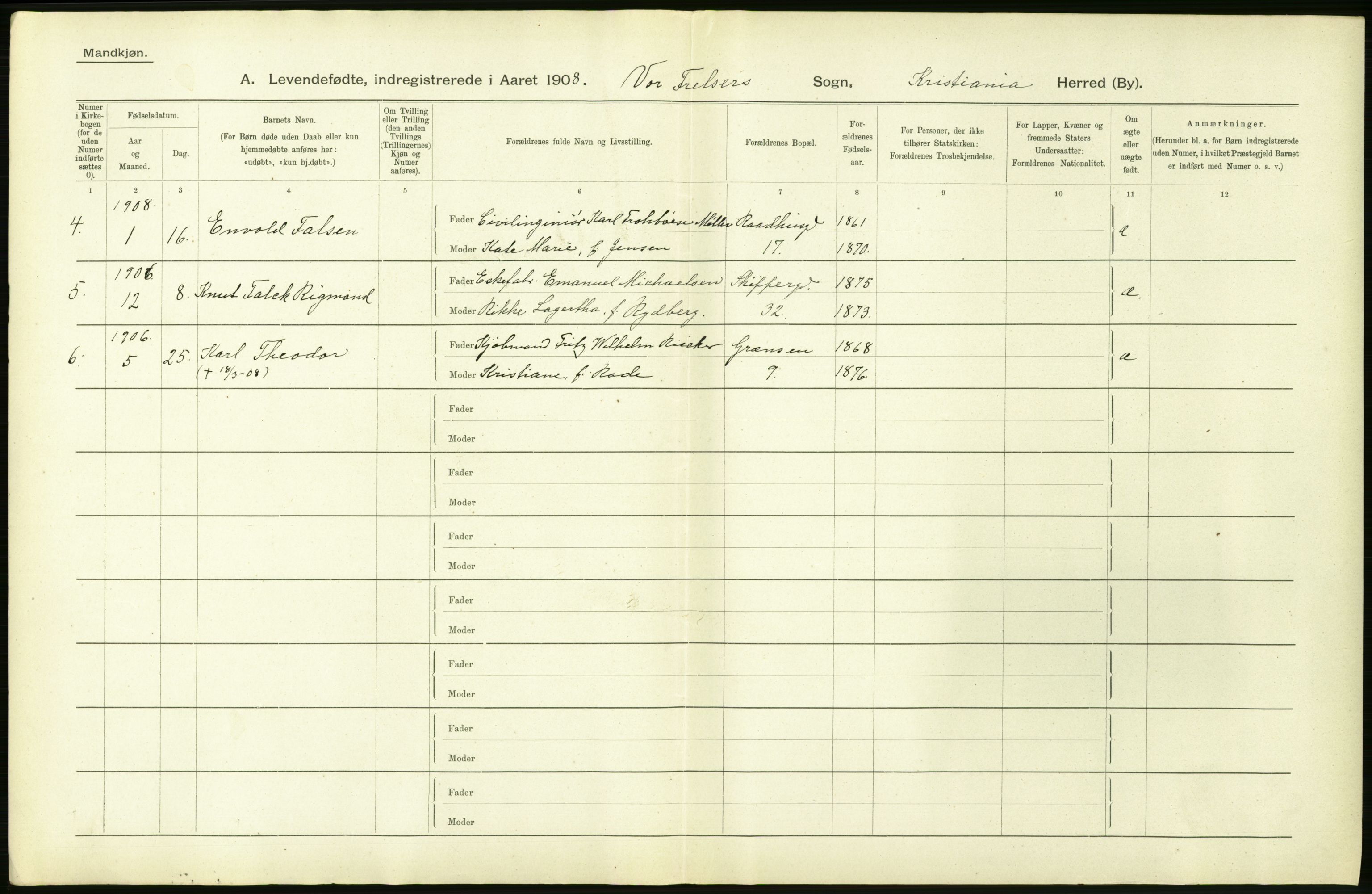 Statistisk sentralbyrå, Sosiodemografiske emner, Befolkning, AV/RA-S-2228/D/Df/Dfa/Dfaf/L0005: Kristiania: Levendefødte menn og kvinner., 1908, s. 284