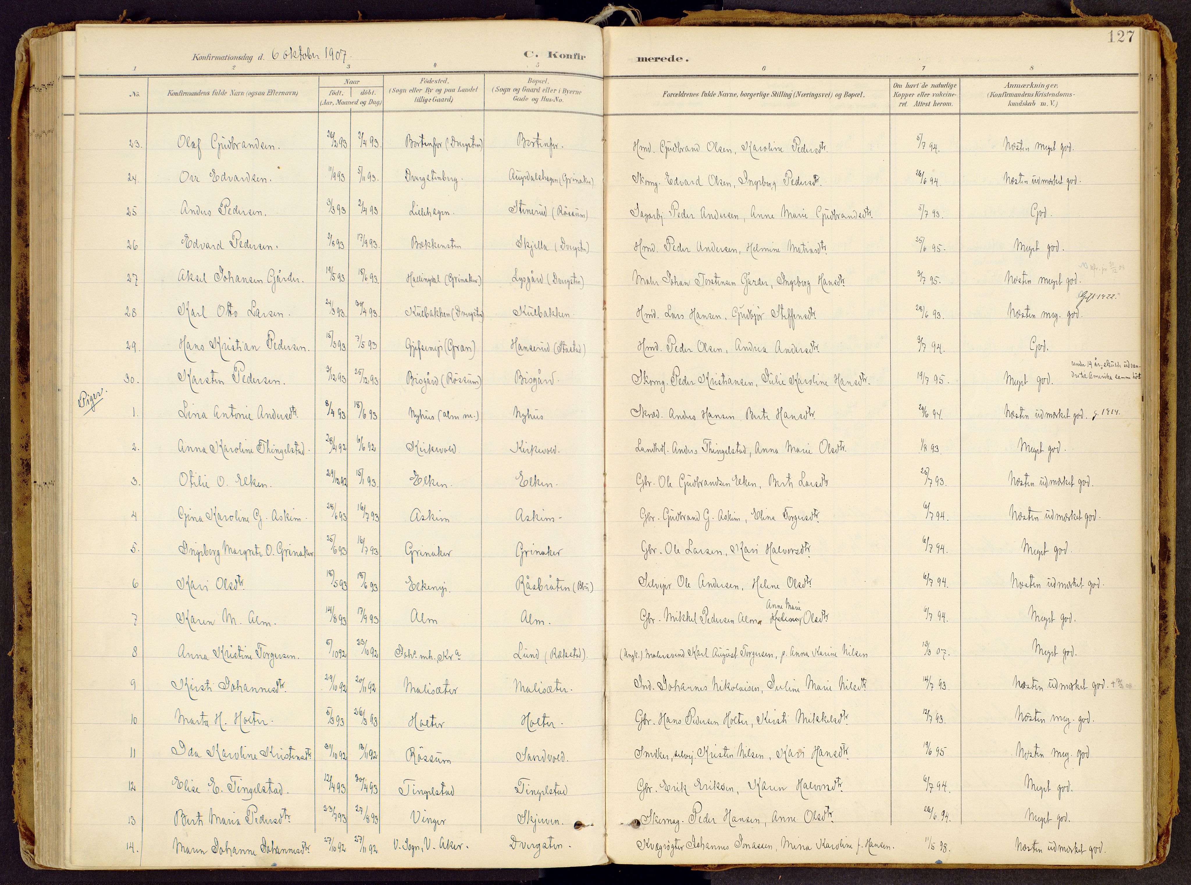 Brandbu prestekontor, SAH/PREST-114/H/Ha/Haa/L0002: Ministerialbok nr. 2, 1899-1914, s. 127