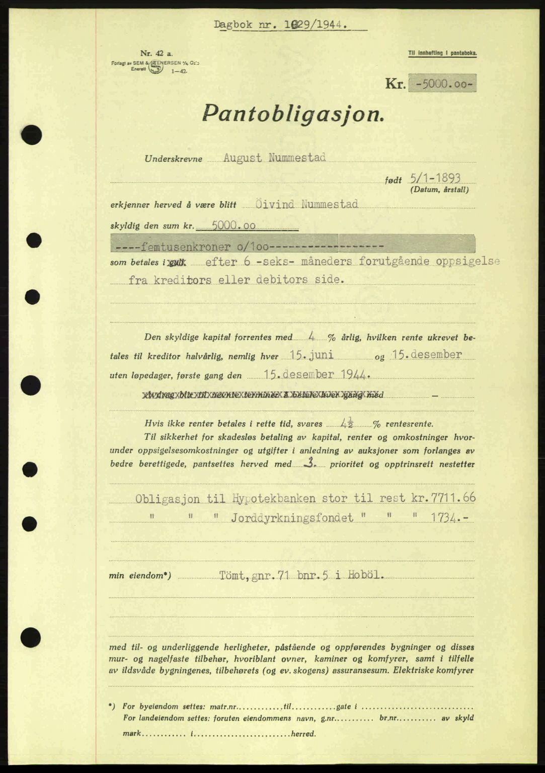 Moss sorenskriveri, SAO/A-10168: Pantebok nr. B13, 1943-1945, Dagboknr: 1029/1944