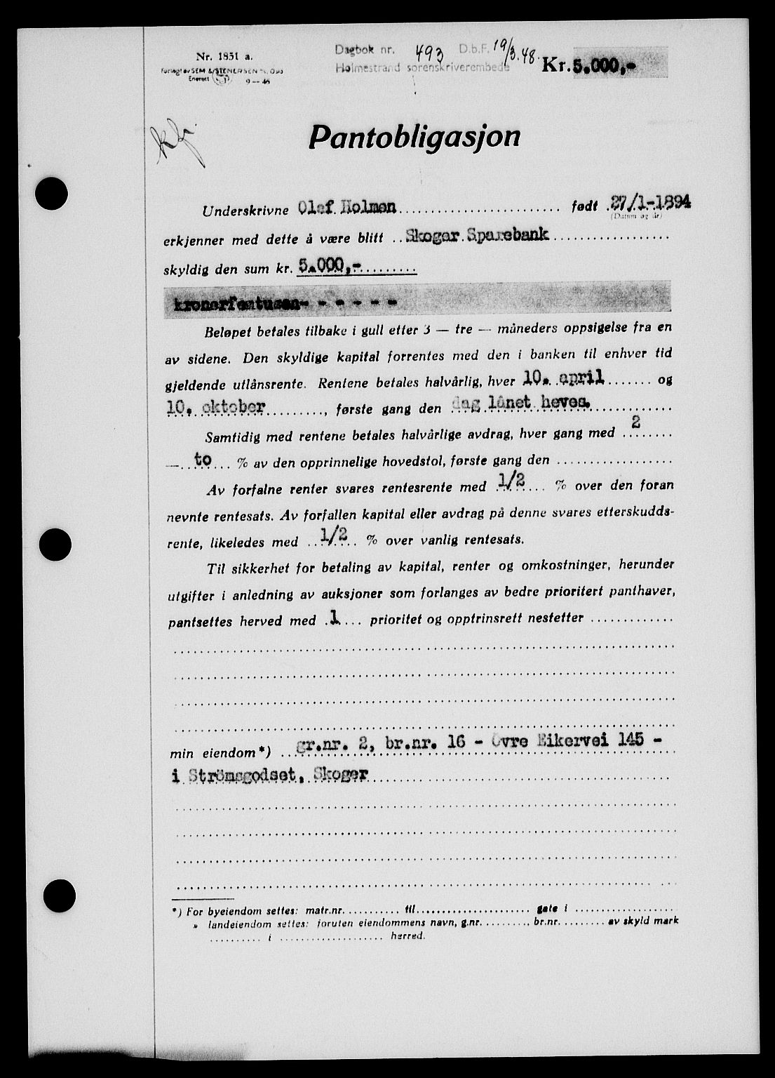 Holmestrand sorenskriveri, SAKO/A-67/G/Ga/Gab/L0058: Pantebok nr. B-58, 1947-1948, Dagboknr: 493/1948