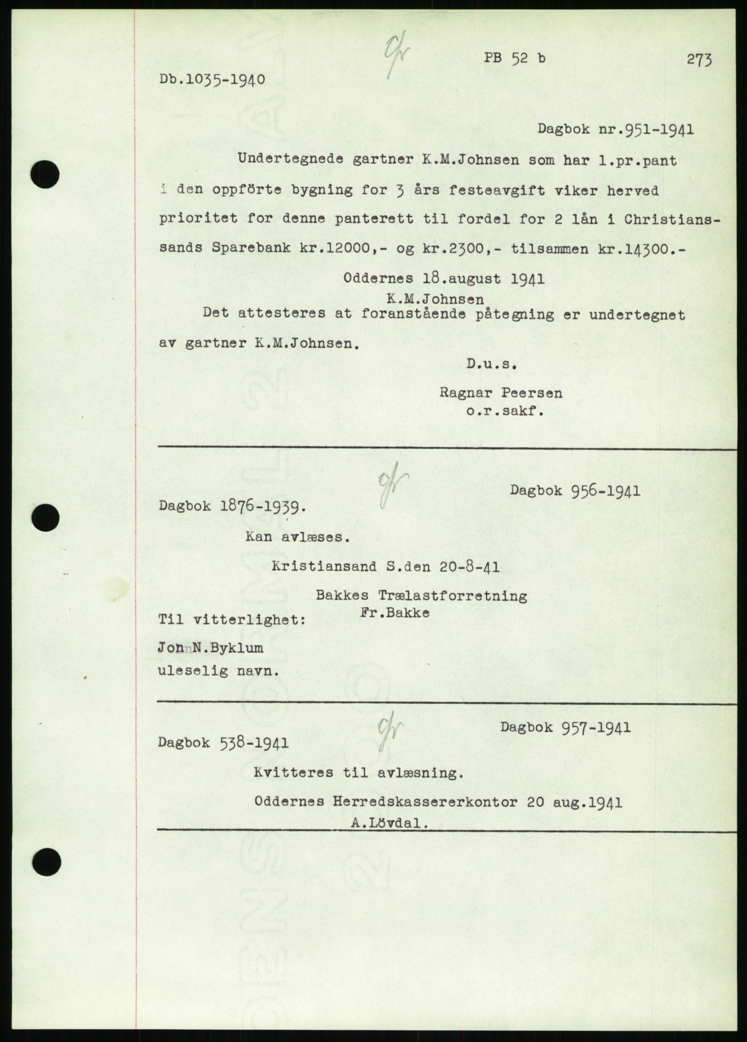 Torridal sorenskriveri, SAK/1221-0012/G/Gb/Gbb/L0008: Pantebok nr. 52b, 1940-1942, Dagboknr: 951/1941