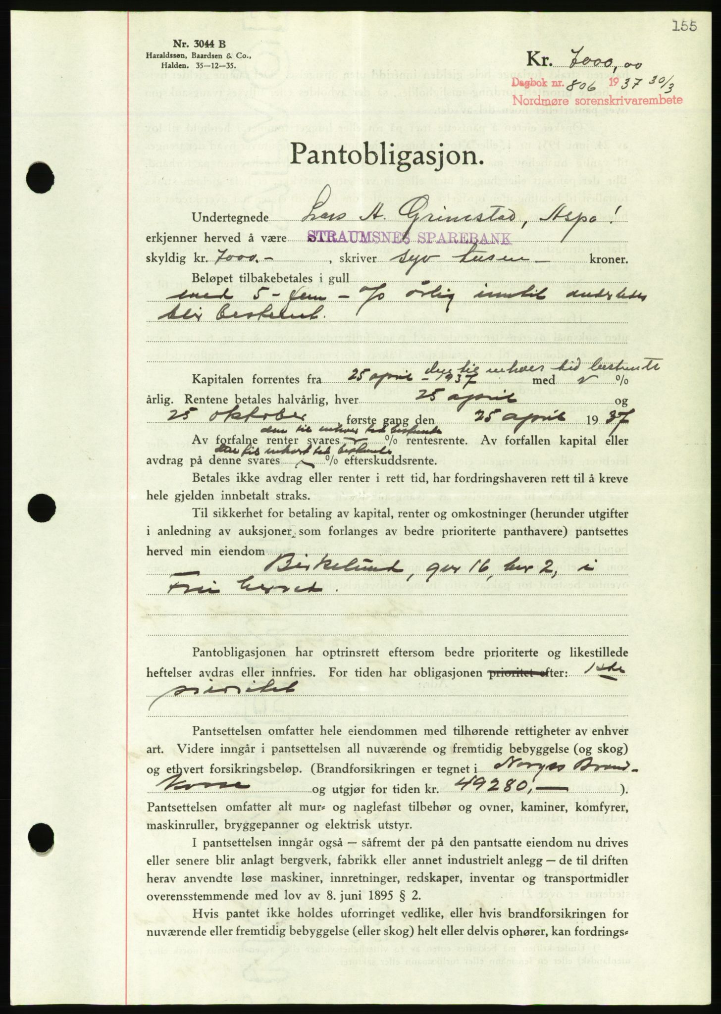 Nordmøre sorenskriveri, AV/SAT-A-4132/1/2/2Ca/L0091: Pantebok nr. B81, 1937-1937, Dagboknr: 806/1937