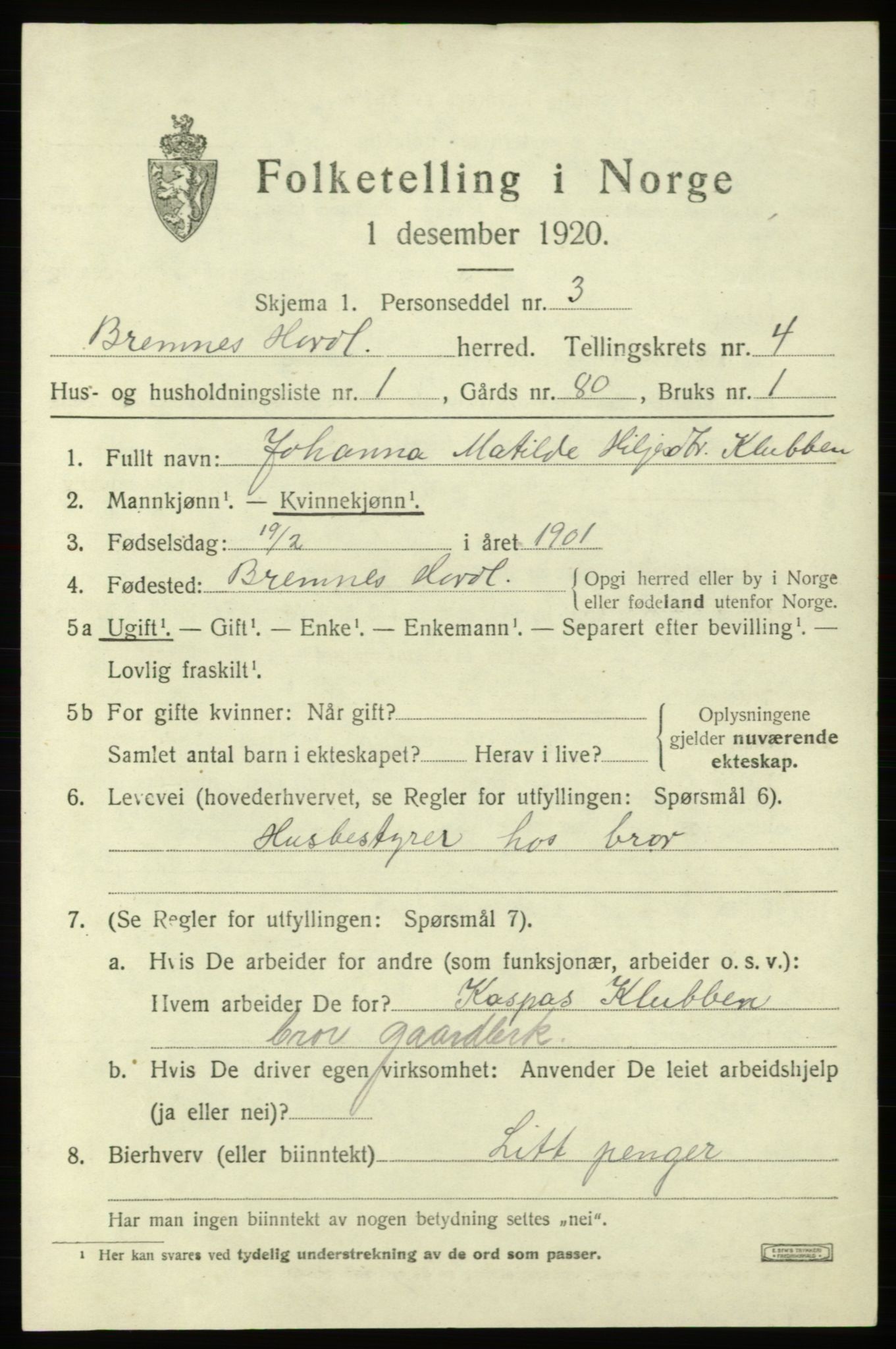 SAB, Folketelling 1920 for 1220 Bremnes herred, 1920, s. 1810