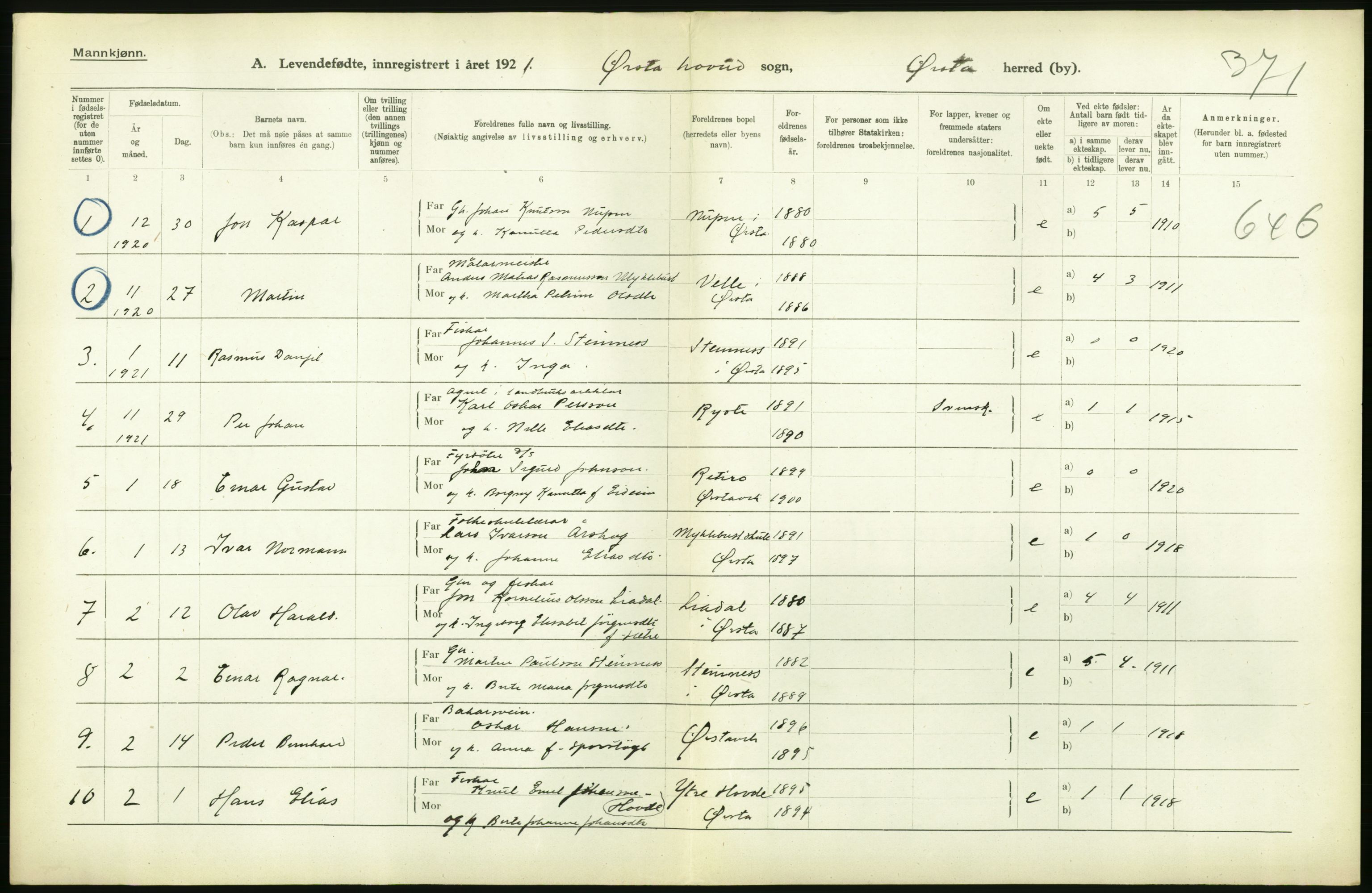 Statistisk sentralbyrå, Sosiodemografiske emner, Befolkning, RA/S-2228/D/Df/Dfc/Dfca/L0040: Møre fylke: Levendefødte menn og kvinner. Bygder., 1921, s. 74