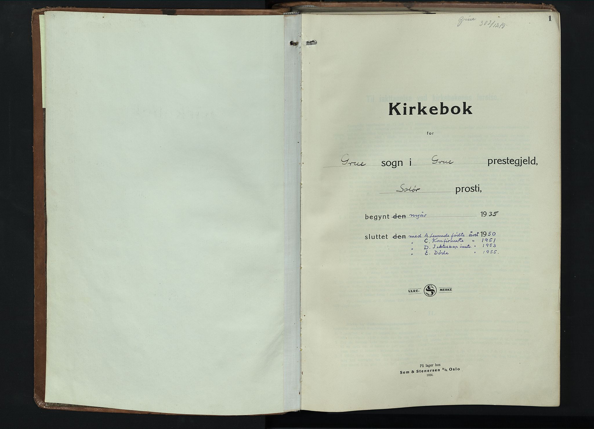 Grue prestekontor, SAH/PREST-036/H/Ha/Hab/L0009: Klokkerbok nr. 9, 1935-1955, s. 1