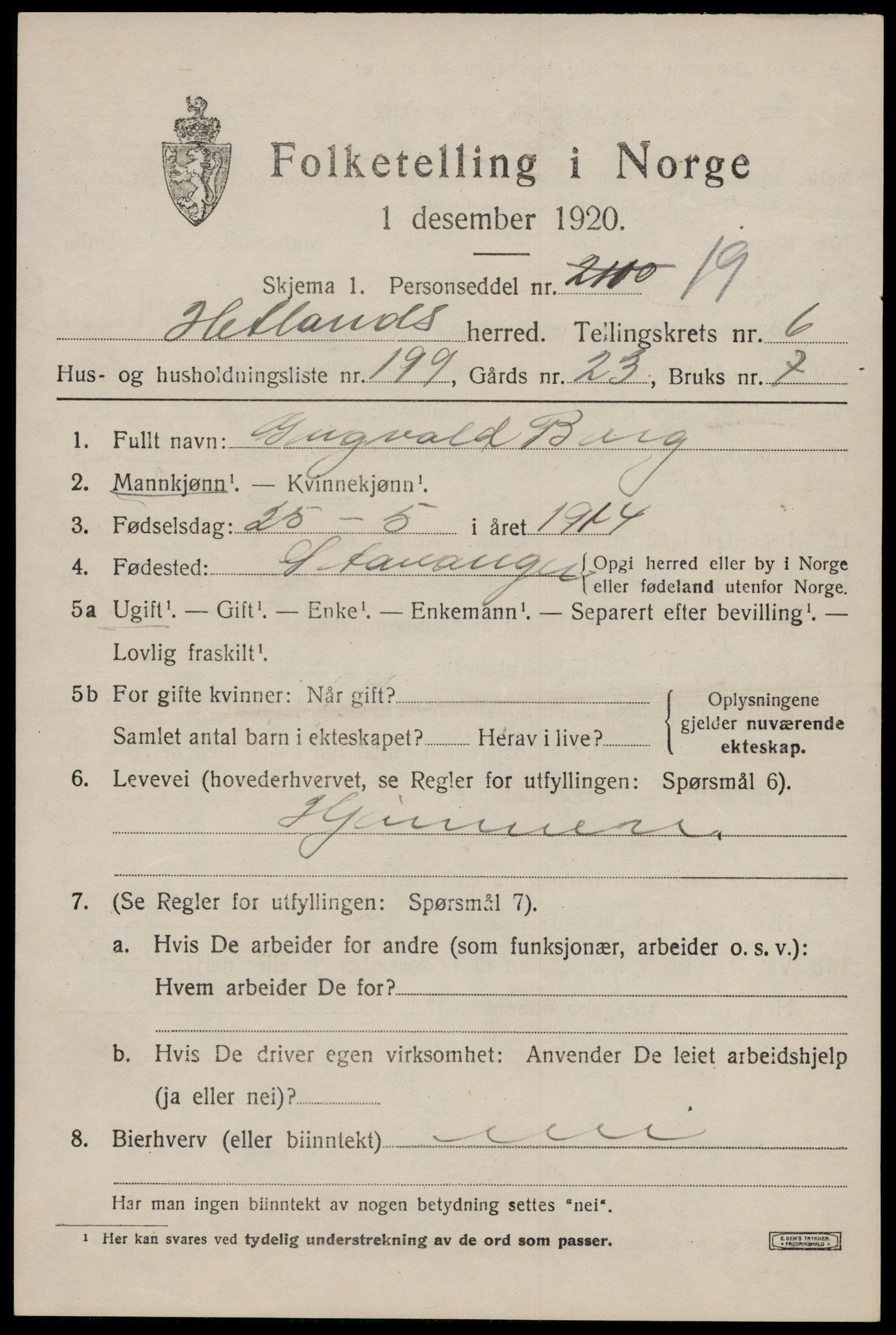 SAST, Folketelling 1920 for 1126 Hetland herred, 1920, s. 13663