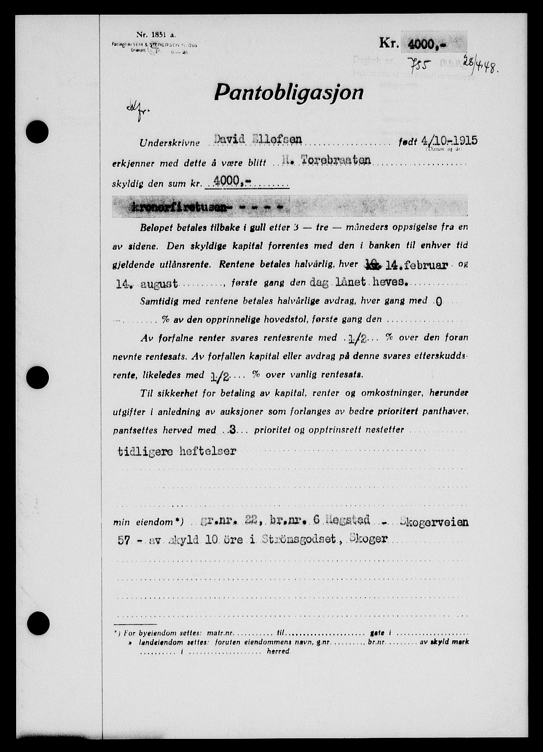 Holmestrand sorenskriveri, SAKO/A-67/G/Ga/Gab/L0058: Pantebok nr. B-58, 1947-1948, Dagboknr: 755/1948