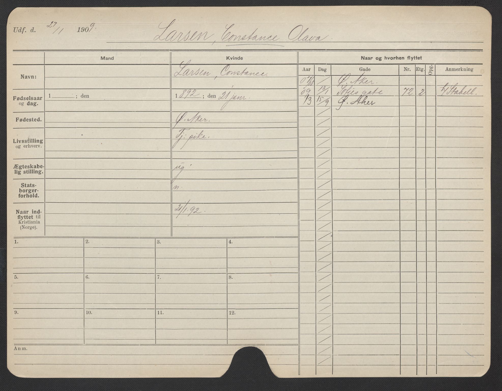 Oslo folkeregister, Registerkort, AV/SAO-A-11715/F/Fa/Fac/L0019: Kvinner, 1906-1914, s. 1015a