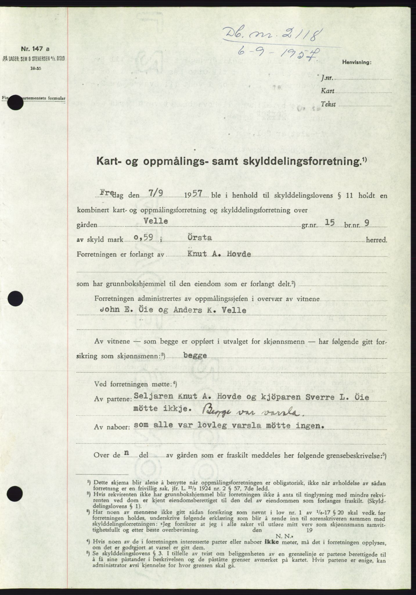 Søre Sunnmøre sorenskriveri, SAT/A-4122/1/2/2C/L0107: Pantebok nr. 33A, 1957-1957, Dagboknr: 2118/1957