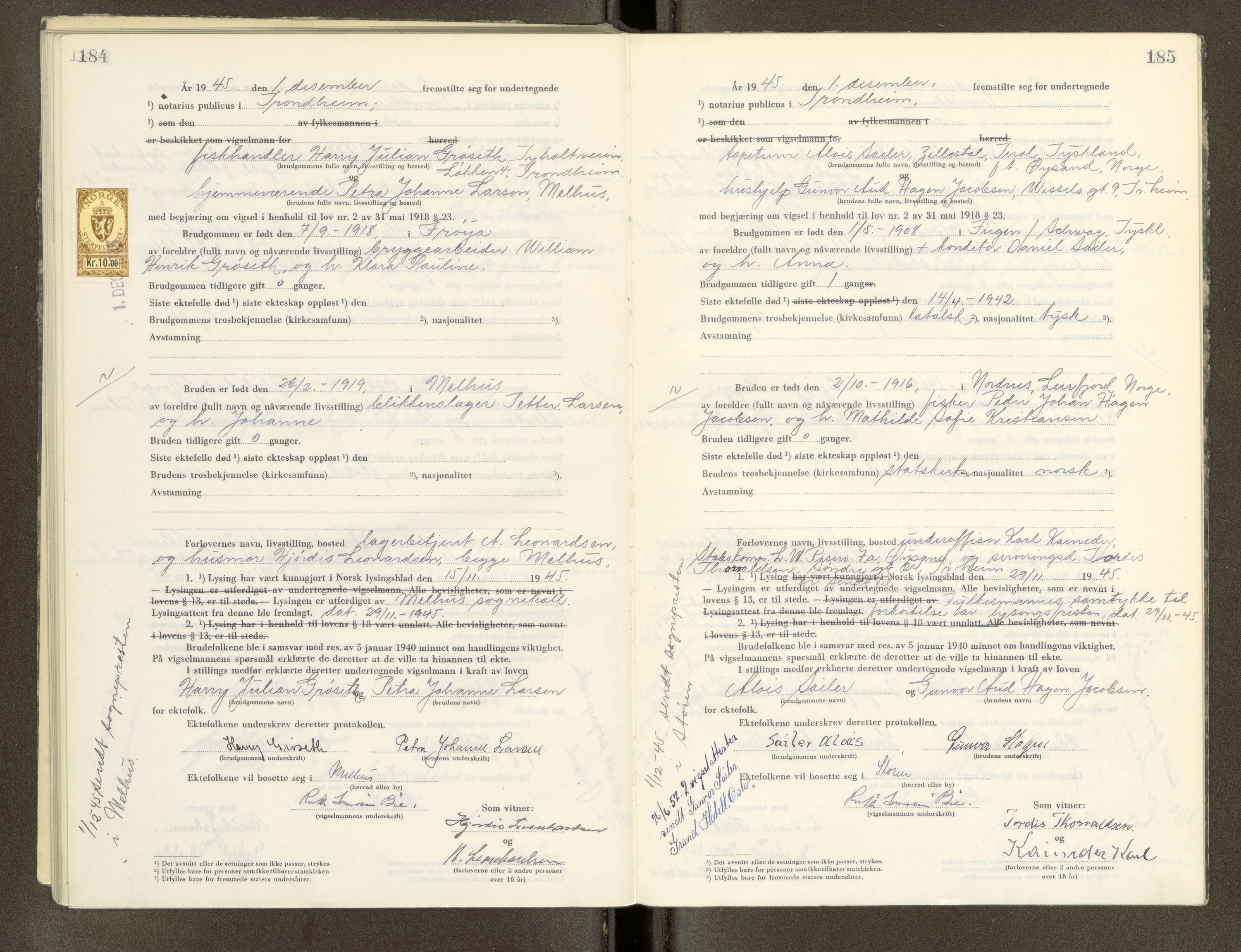 Trondheim byfogd, AV/SAT-A-0003/1/6/6D/L0005: Vigselbøker, 1944-1948, s. 184-185