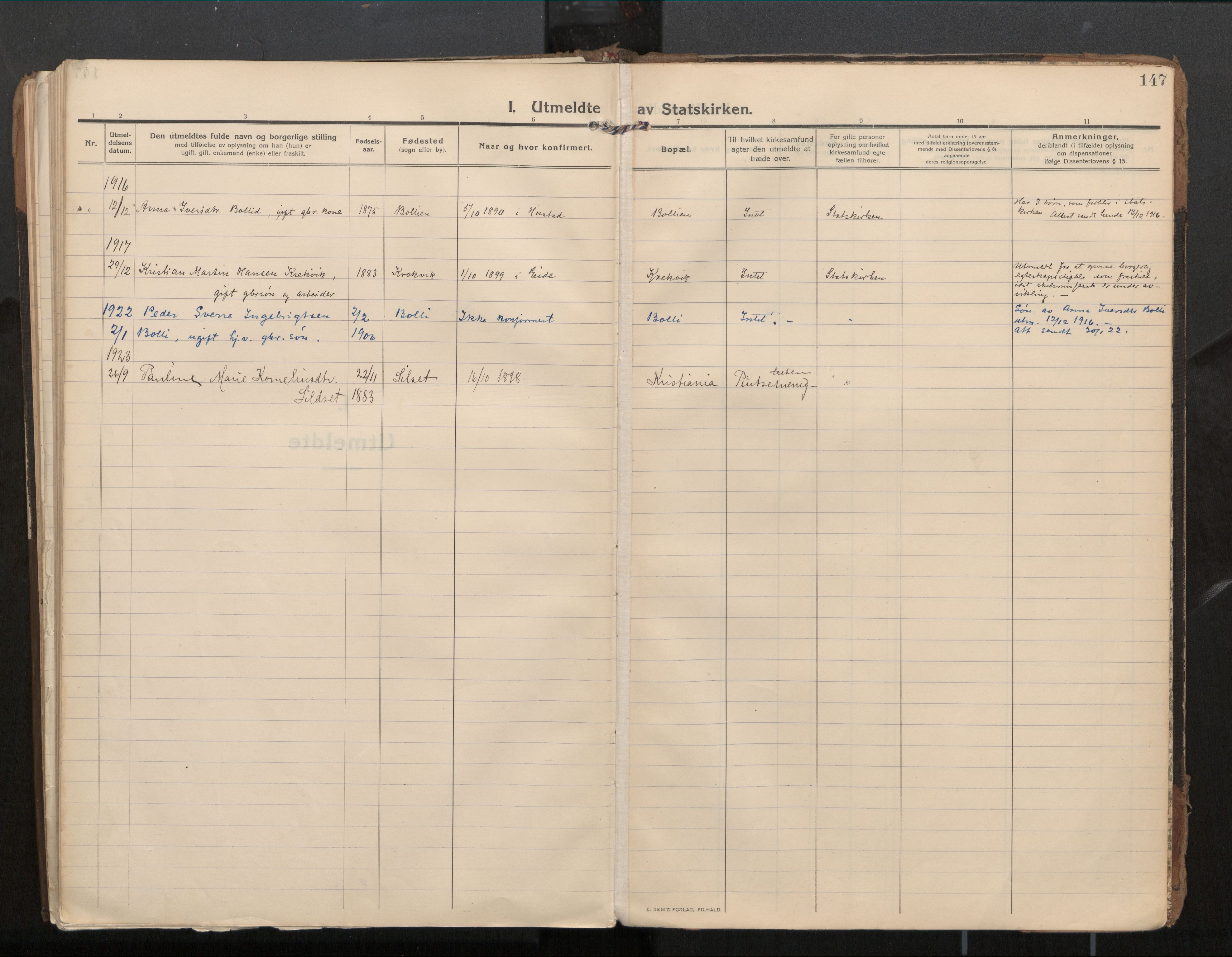 Ministerialprotokoller, klokkerbøker og fødselsregistre - Møre og Romsdal, AV/SAT-A-1454/571/L0836b: Ministerialbok nr. 571A03, 1911-1926, s. 147