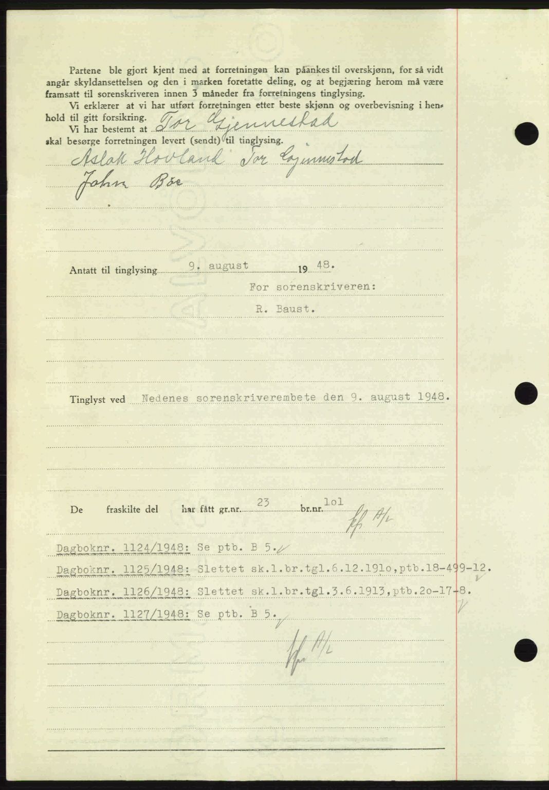 Nedenes sorenskriveri, AV/SAK-1221-0006/G/Gb/Gba/L0059: Pantebok nr. A11, 1948-1948, Dagboknr: 1123/1948