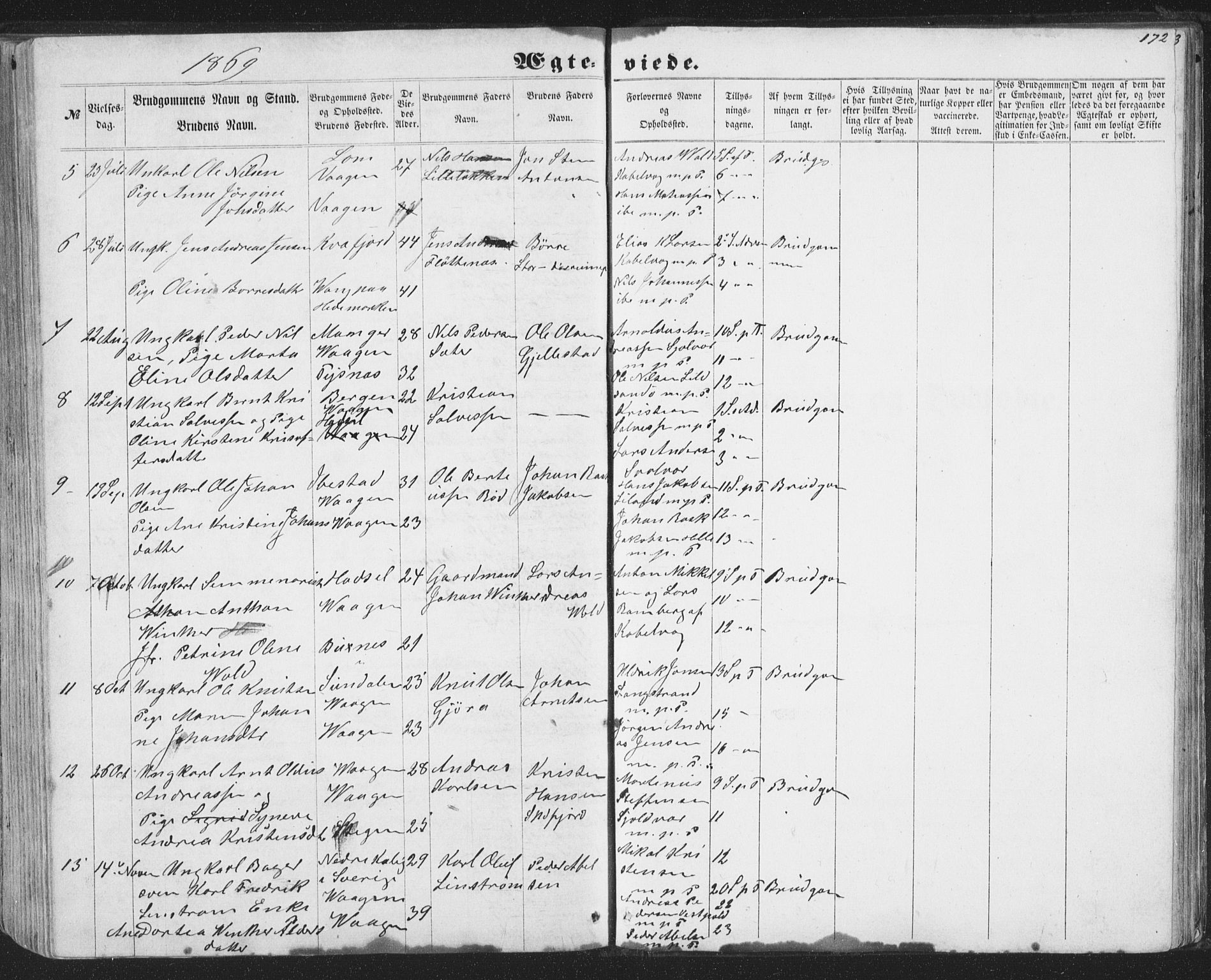 Ministerialprotokoller, klokkerbøker og fødselsregistre - Nordland, AV/SAT-A-1459/874/L1073: Klokkerbok nr. 874C02, 1860-1870, s. 172