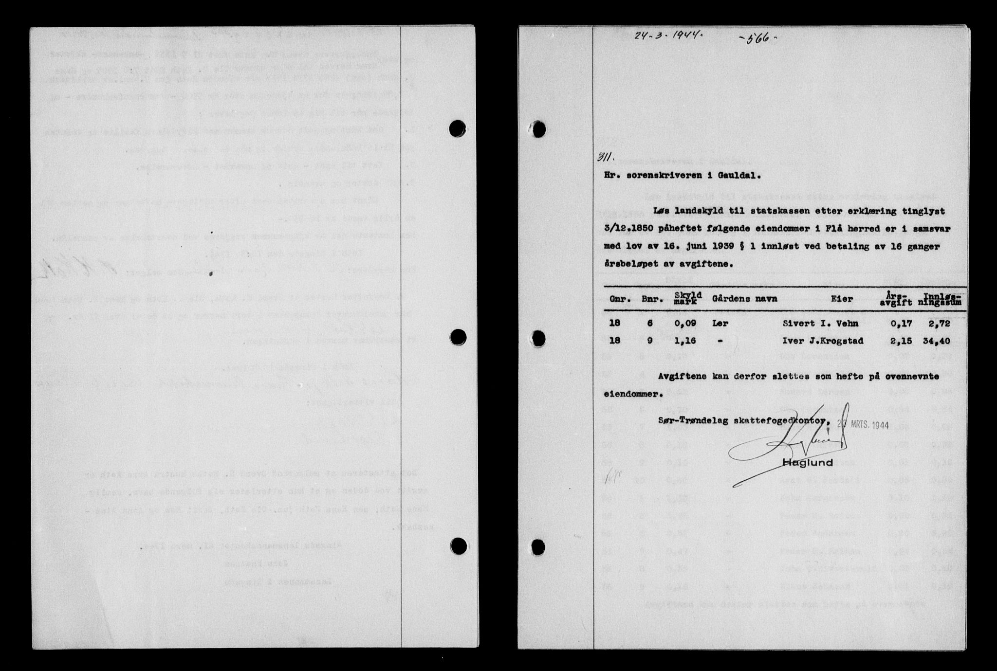 Gauldal sorenskriveri, SAT/A-0014/1/2/2C/L0057: Pantebok nr. 62, 1943-1944, Dagboknr: 311/1944