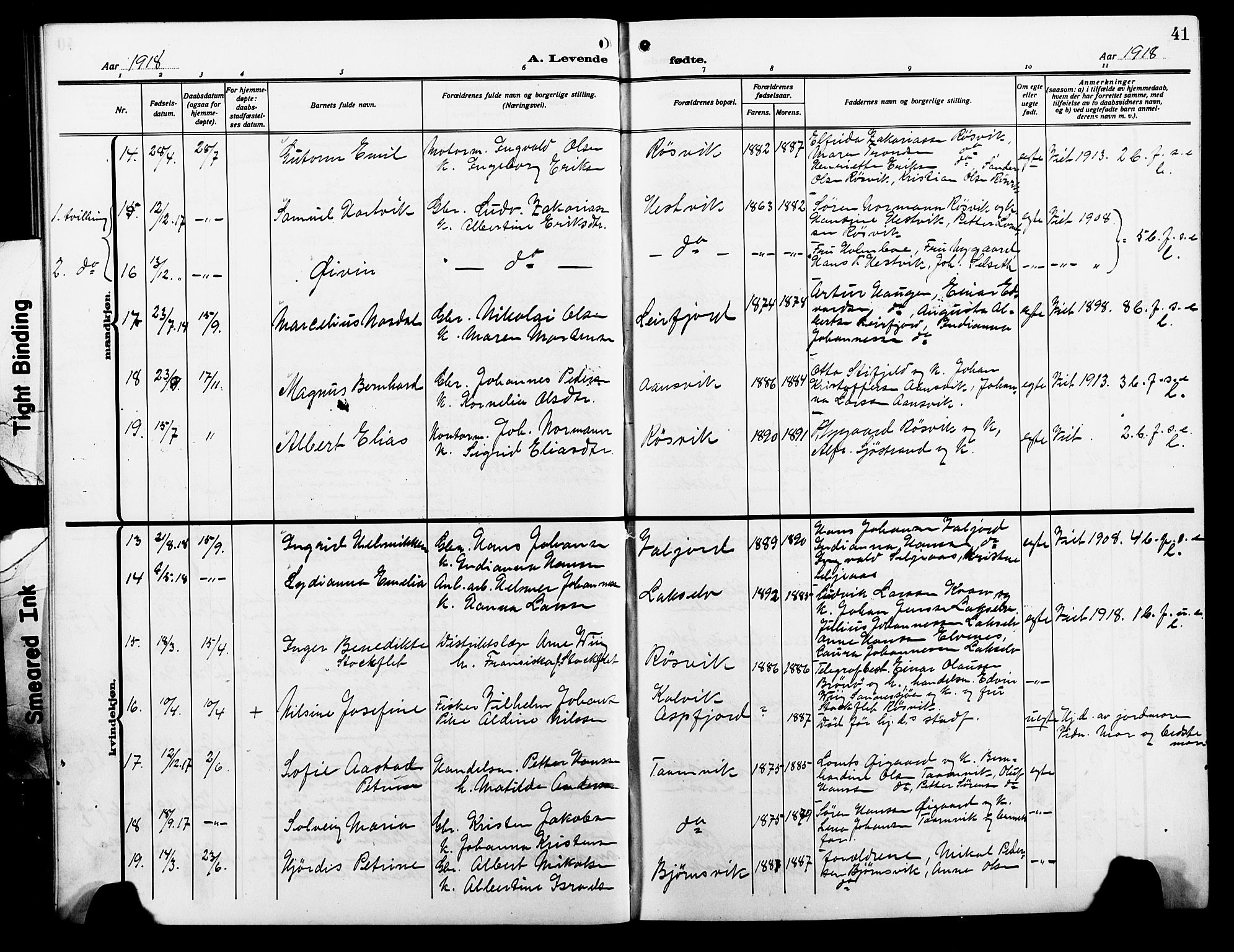 Ministerialprotokoller, klokkerbøker og fødselsregistre - Nordland, AV/SAT-A-1459/854/L0787: Klokkerbok nr. 854C03, 1913-1926, s. 41