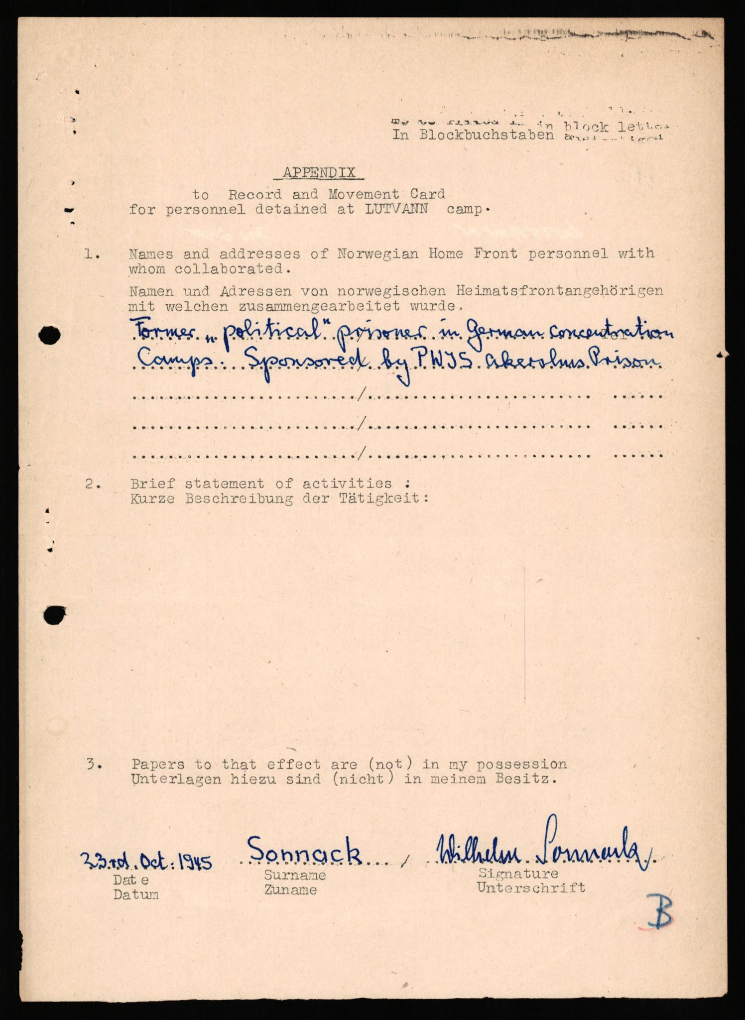 Forsvaret, Forsvarets overkommando II, RA/RAFA-3915/D/Db/L0032: CI Questionaires. Tyske okkupasjonsstyrker i Norge. Tyskere., 1945-1946, s. 177