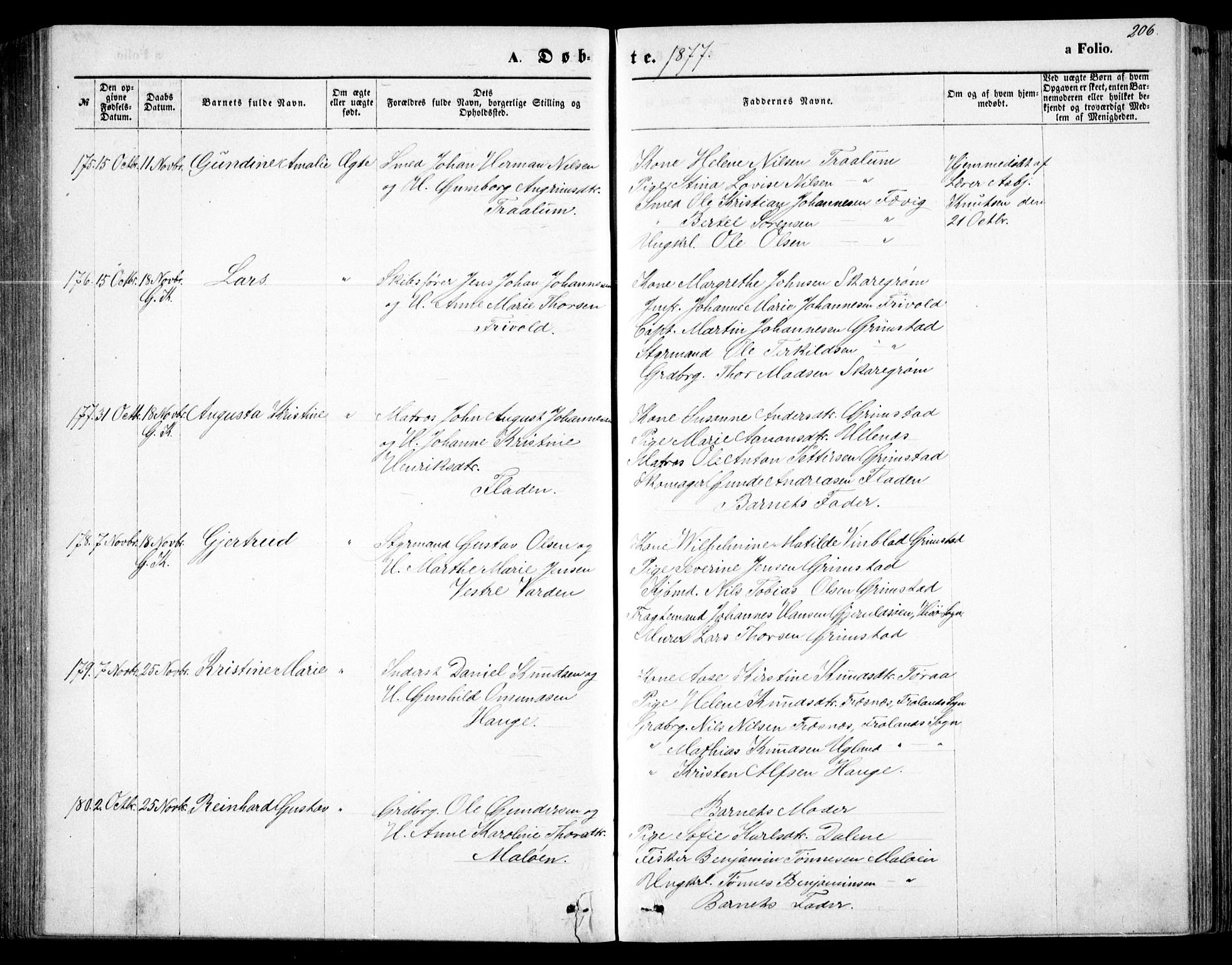 Fjære sokneprestkontor, AV/SAK-1111-0011/F/Fb/L0010: Klokkerbok nr. B 10, 1871-1880, s. 206
