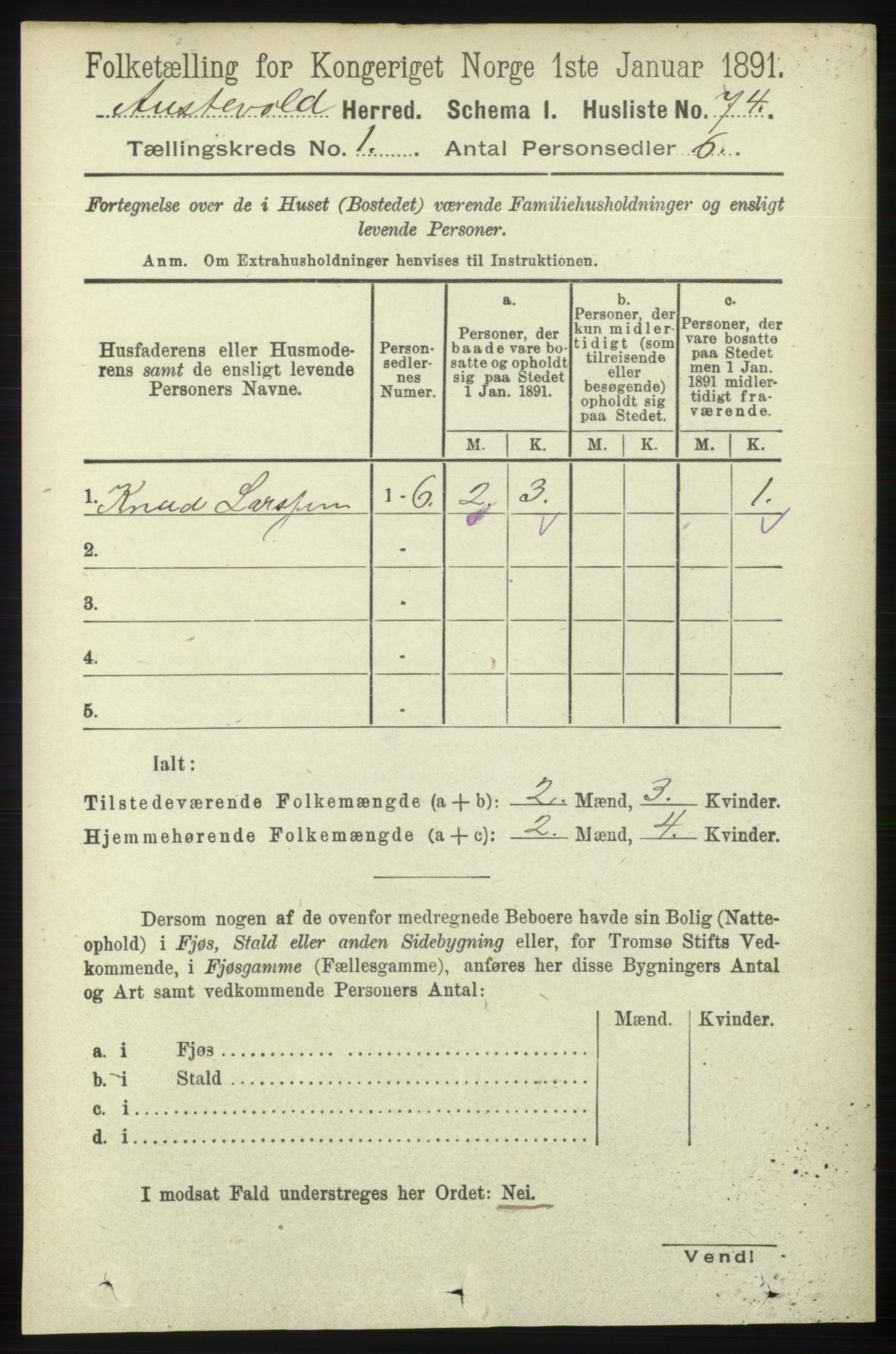 RA, Folketelling 1891 for 1244 Austevoll herred, 1891, s. 91