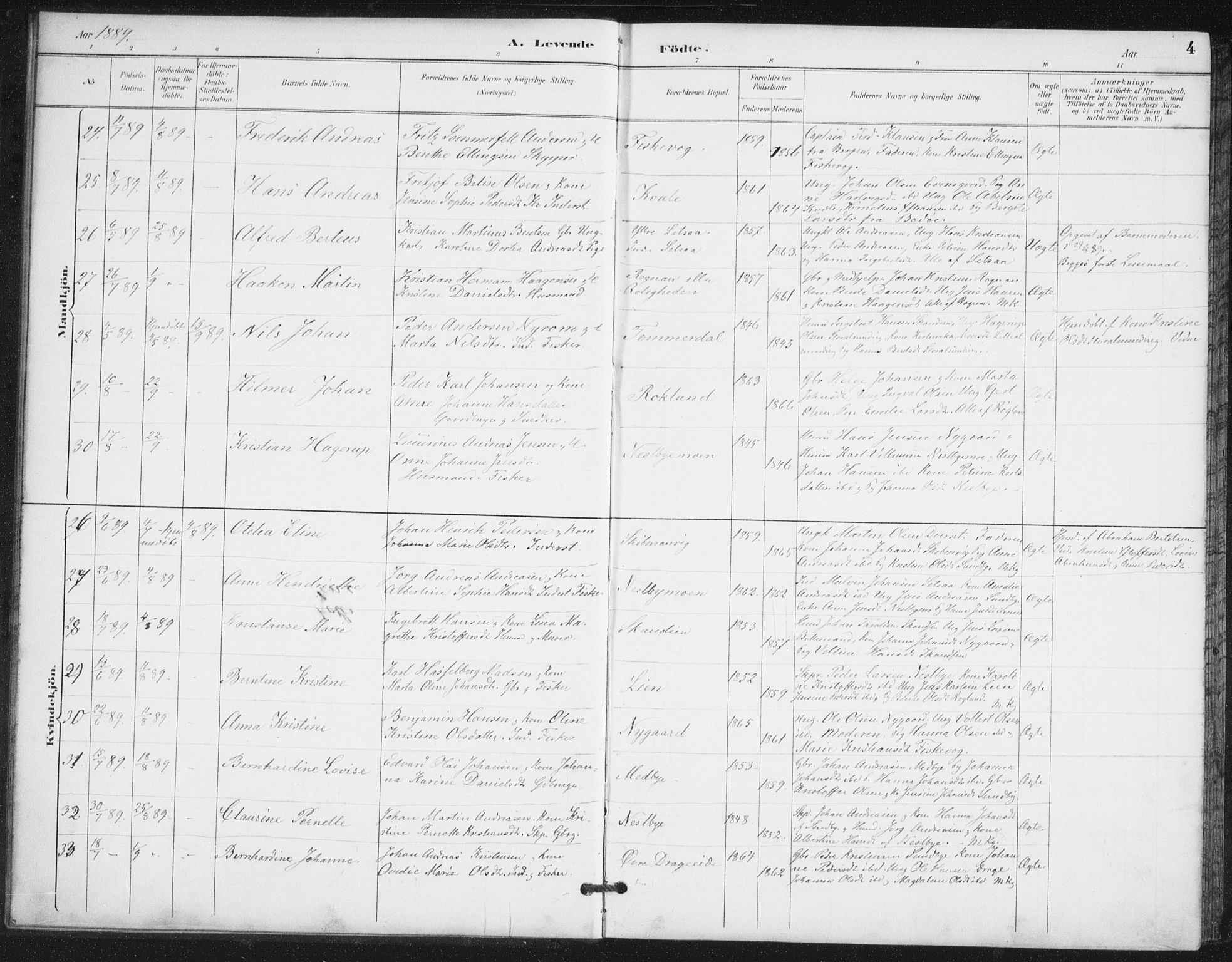 Ministerialprotokoller, klokkerbøker og fødselsregistre - Nordland, AV/SAT-A-1459/847/L0682: Klokkerbok nr. 847C10, 1889-1907, s. 4