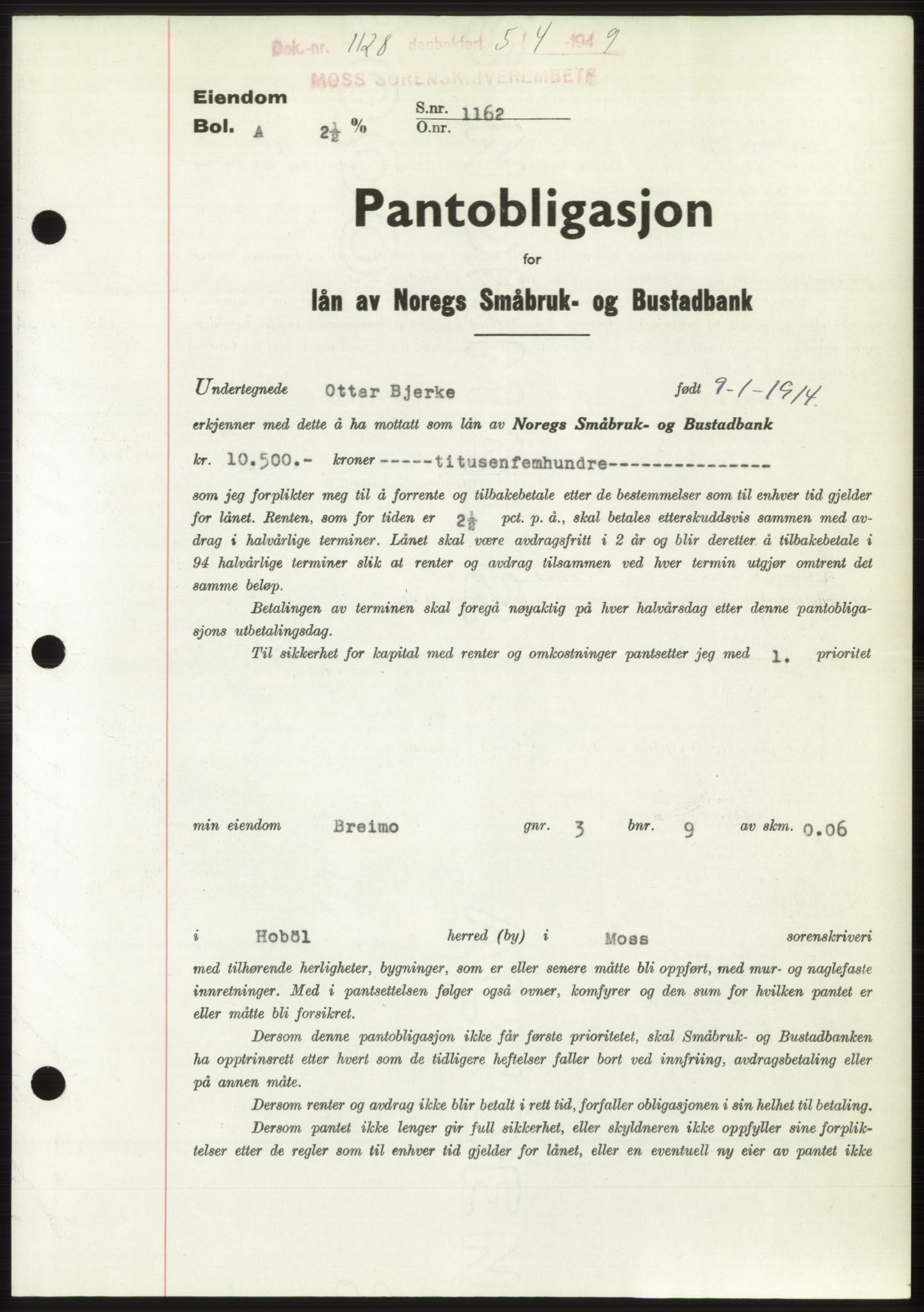 Moss sorenskriveri, SAO/A-10168: Pantebok nr. B21, 1949-1949, Dagboknr: 1128/1949