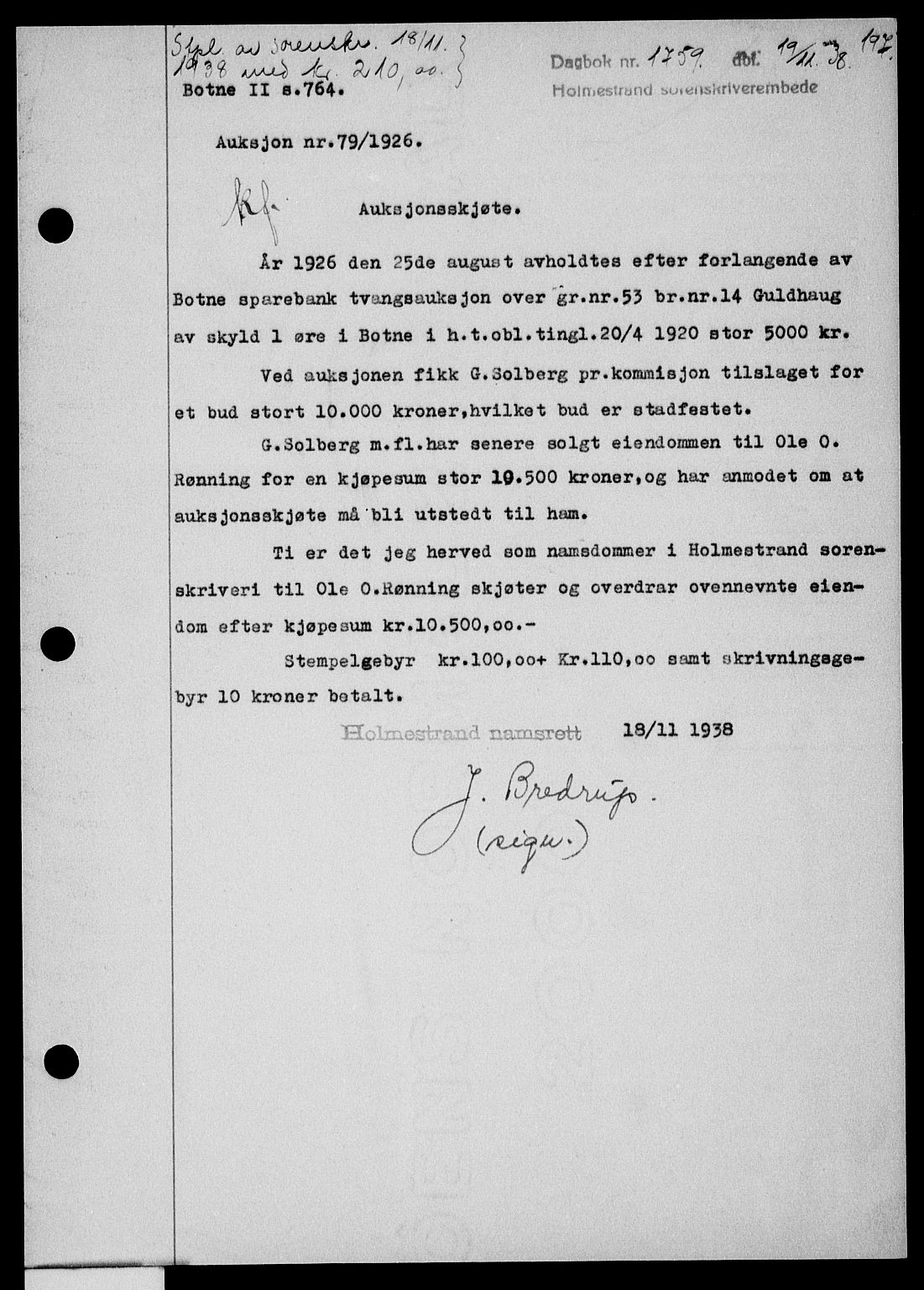 Holmestrand sorenskriveri, SAKO/A-67/G/Ga/Gaa/L0050: Pantebok nr. A-50, 1938-1939, Dagboknr: 1759/1938