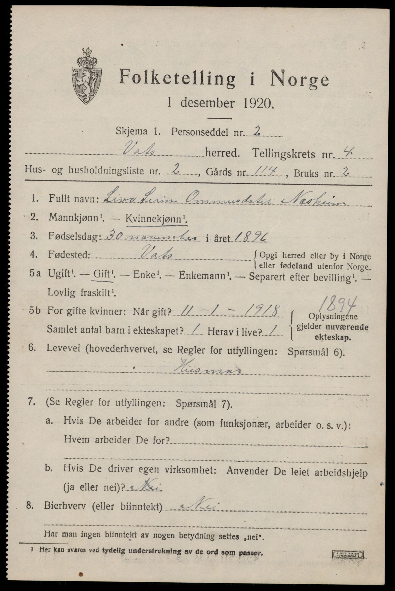 SAST, Folketelling 1920 for 1155 Vats herred, 1920, s. 1455