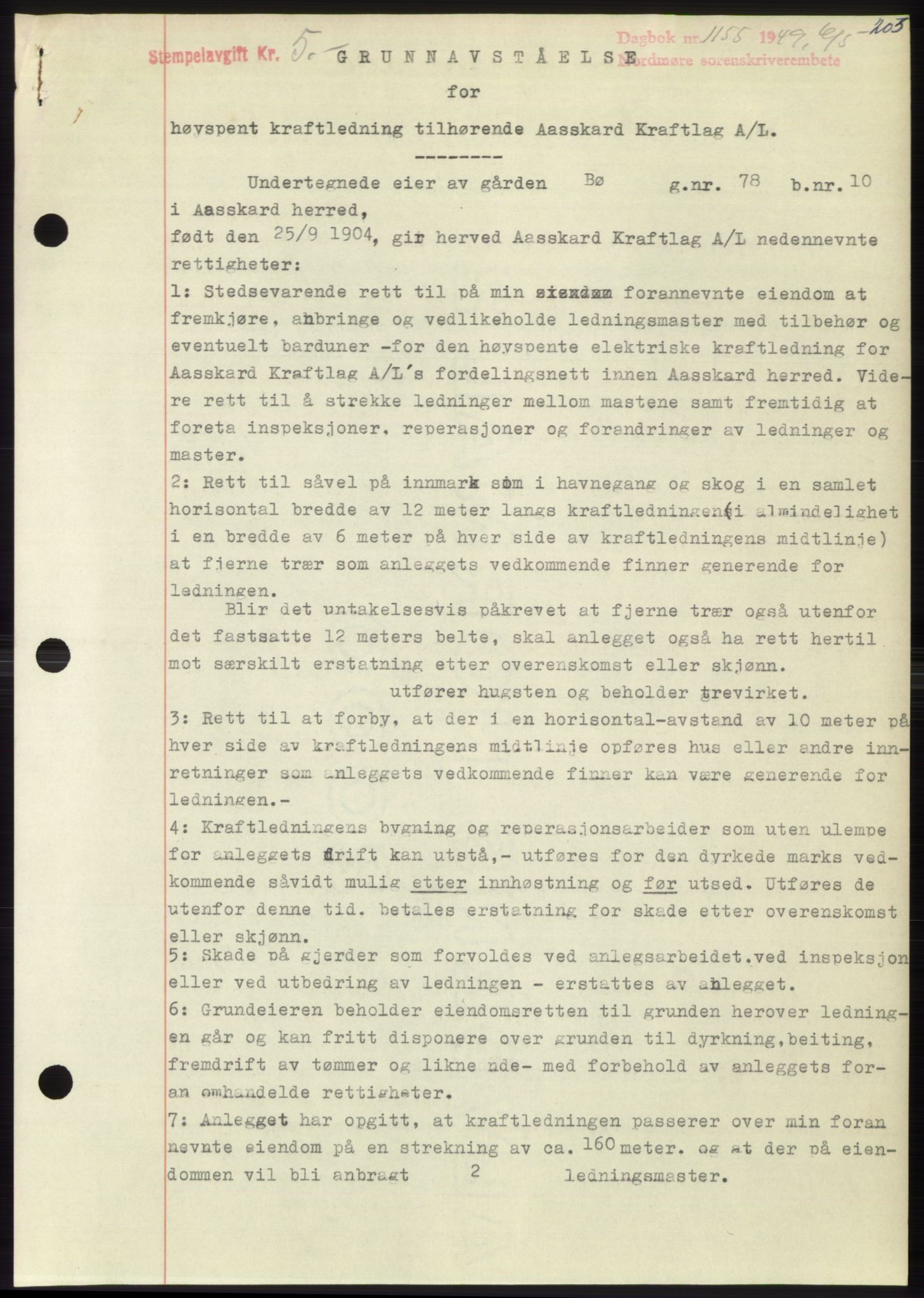 Nordmøre sorenskriveri, SAT/A-4132/1/2/2Ca: Pantebok nr. B101, 1949-1949, Dagboknr: 1155/1949