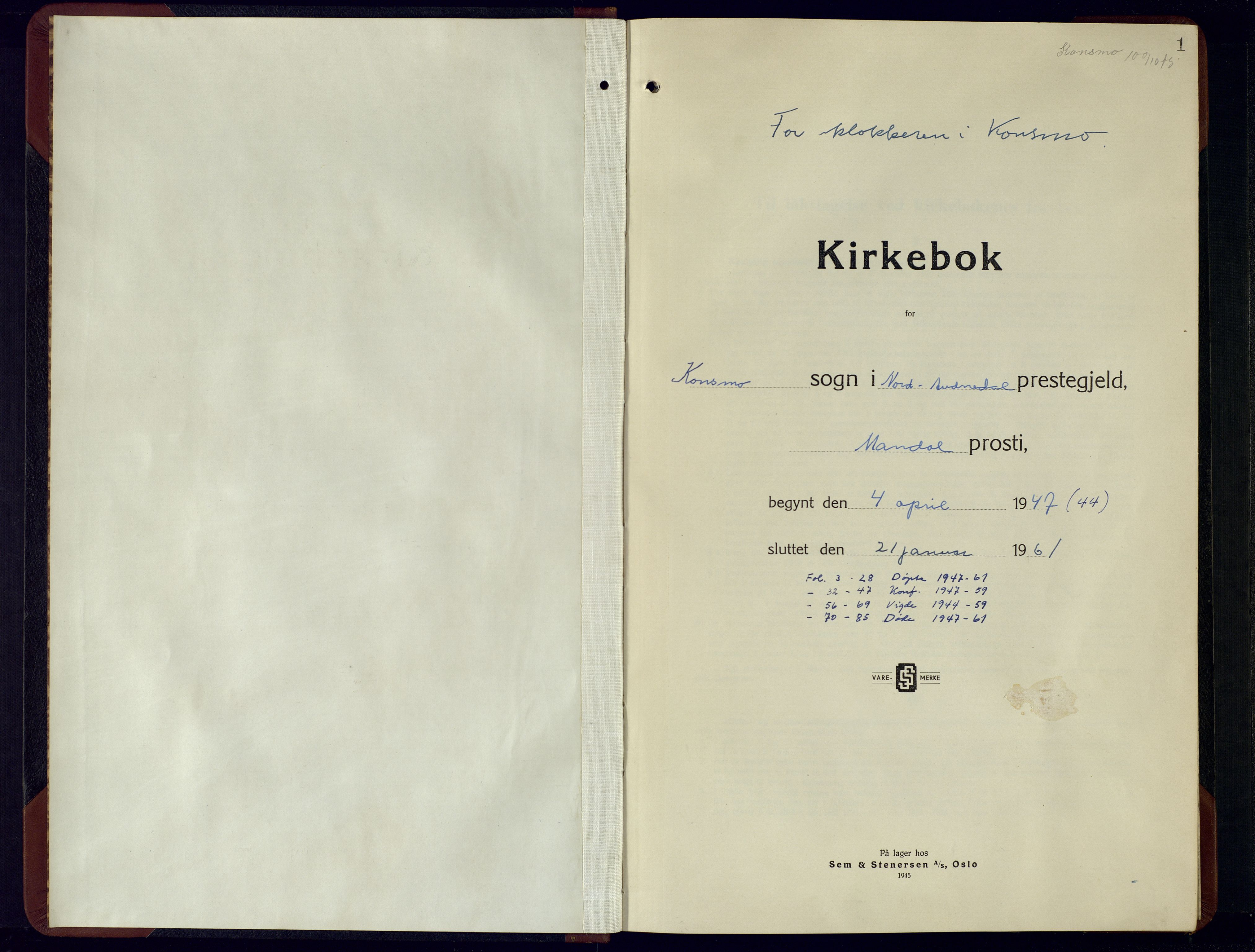 Nord-Audnedal sokneprestkontor, AV/SAK-1111-0032/F/Fb/Fba/L0007: Klokkerbok nr. B-7, 1944-1961, s. 1