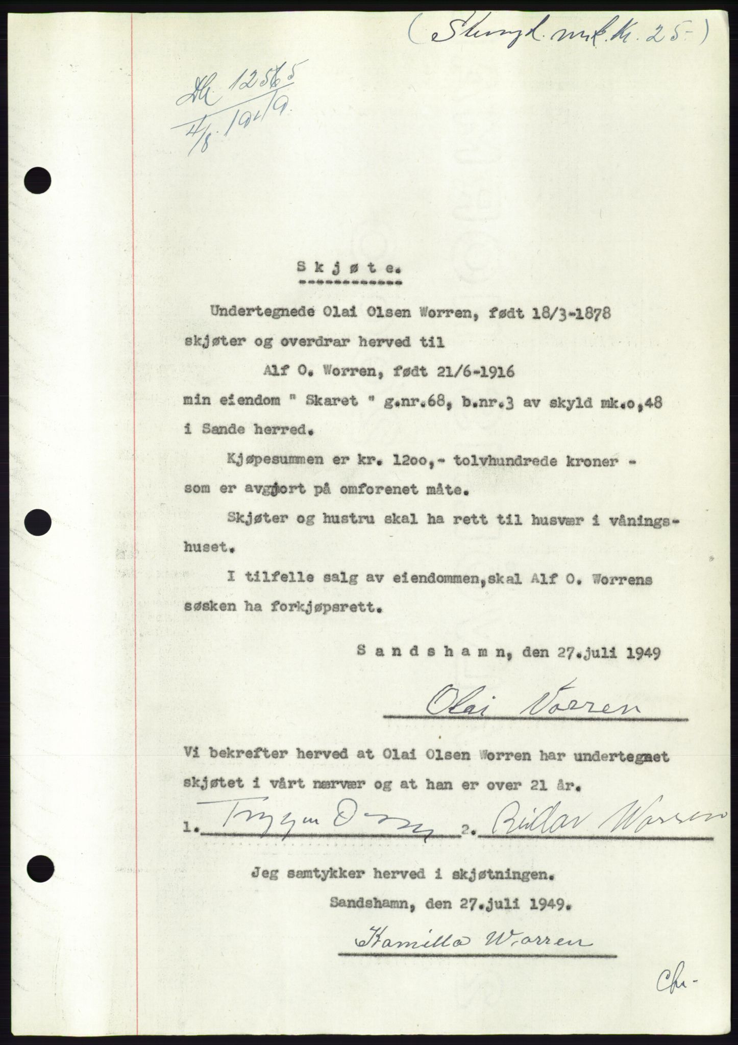 Søre Sunnmøre sorenskriveri, SAT/A-4122/1/2/2C/L0084: Pantebok nr. 10A, 1949-1949, Dagboknr: 1255/1949