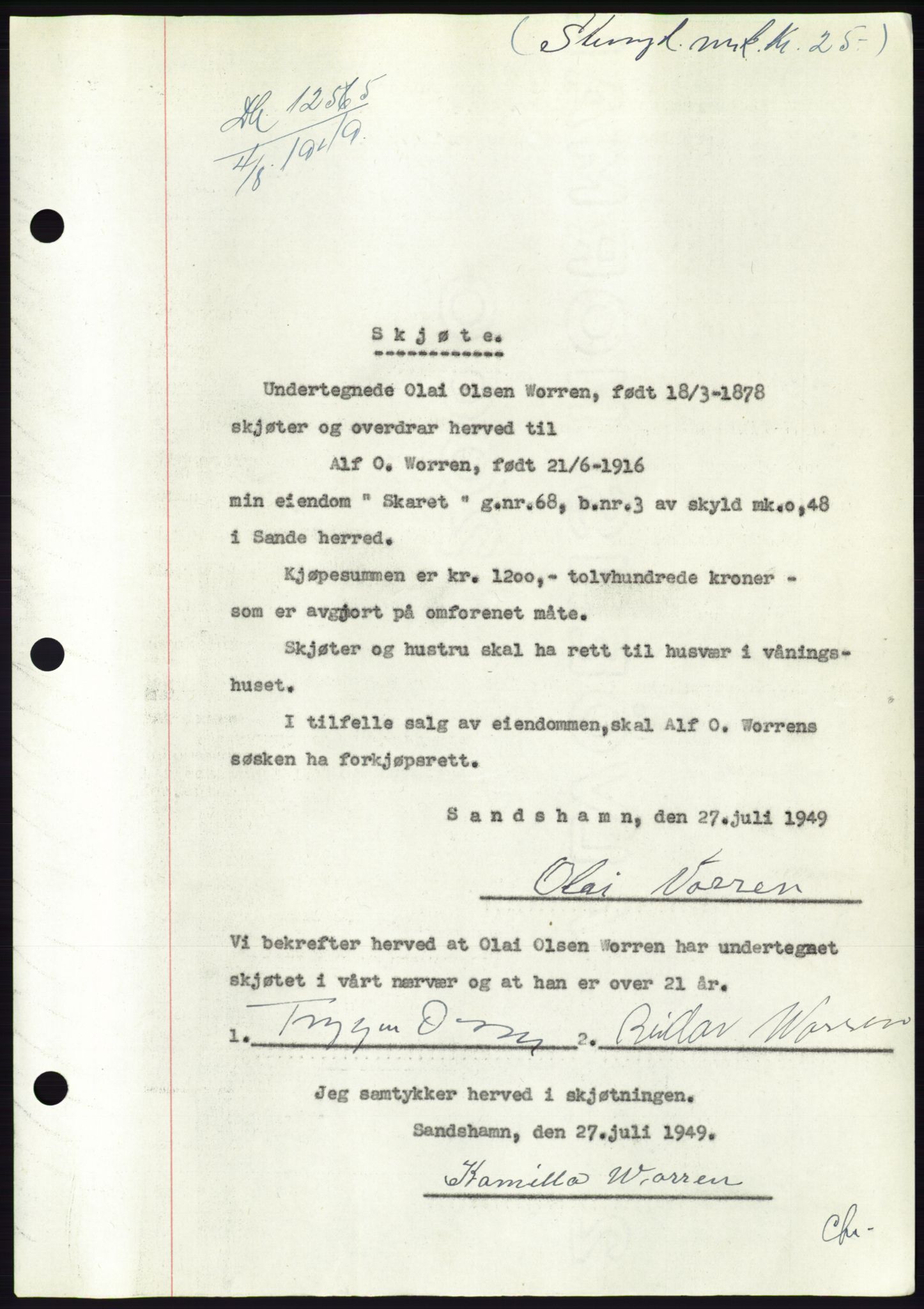 Søre Sunnmøre sorenskriveri, AV/SAT-A-4122/1/2/2C/L0084: Pantebok nr. 10A, 1949-1949, Dagboknr: 1255/1949