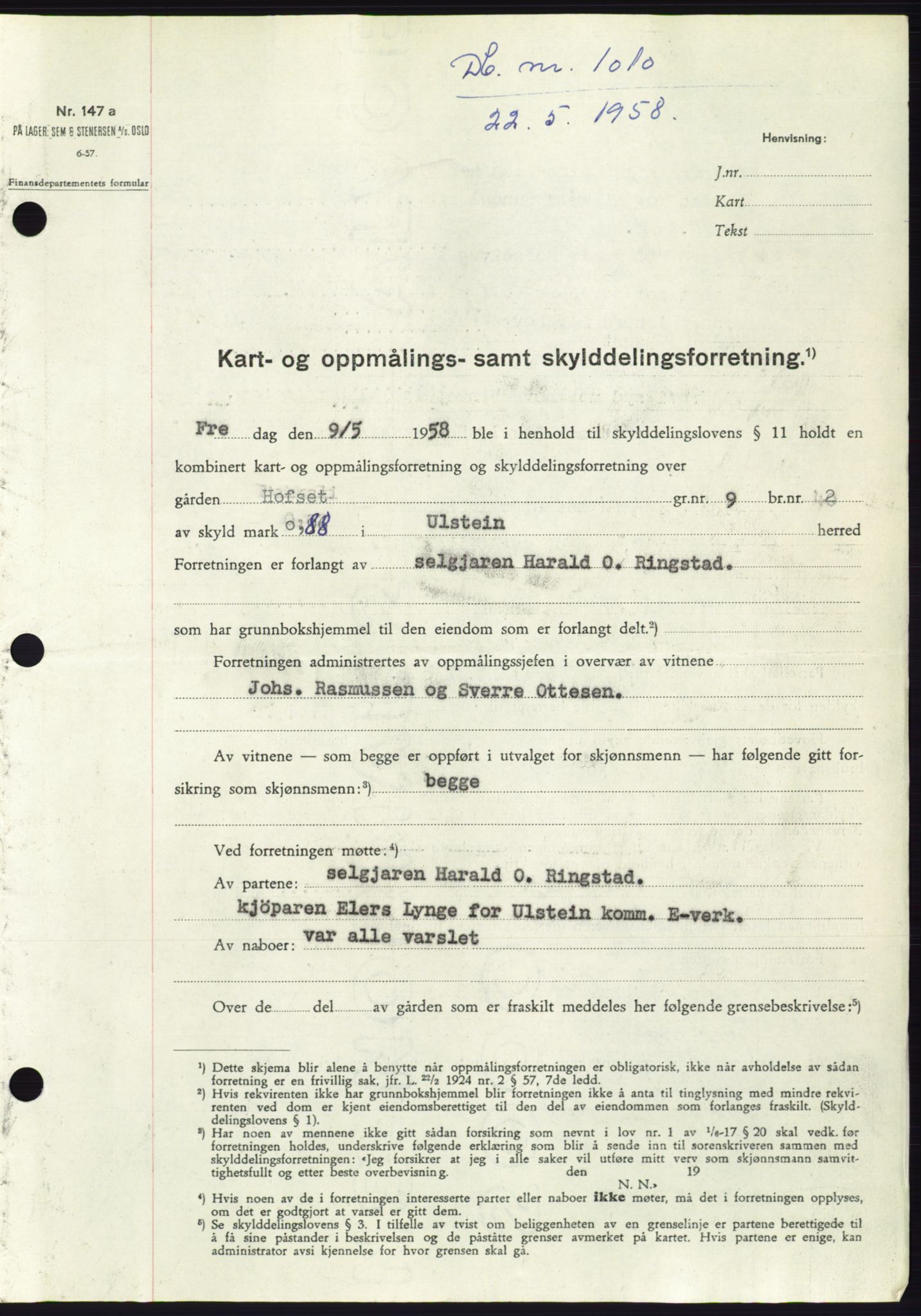 Søre Sunnmøre sorenskriveri, SAT/A-4122/1/2/2C/L0109: Pantebok nr. 35A, 1958-1958, Dagboknr: 1010/1958