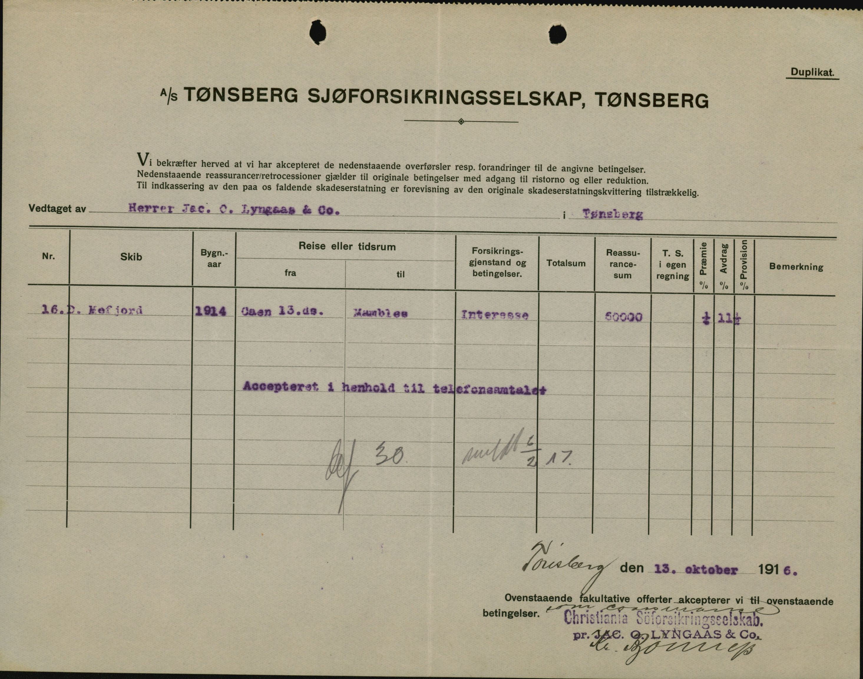 Pa 664 - Tønsberg Sjøforsikringsselskap, VEMU/A-1773/F/L0001: Forsikringspoliser, 1915-1918