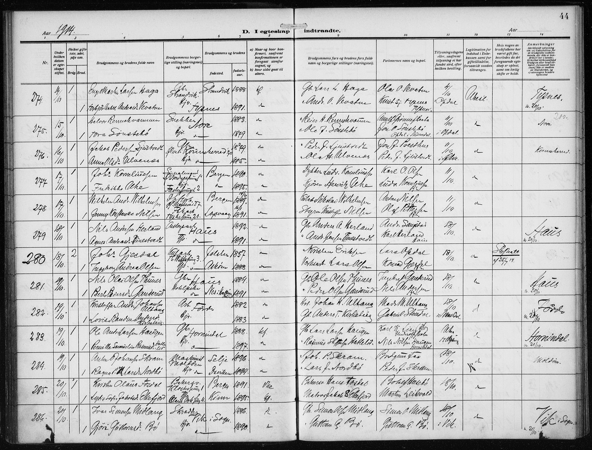 Nykirken Sokneprestembete, AV/SAB-A-77101/H/Haa/L0036: Ministerialbok nr. D 6, 1913-1918, s. 44
