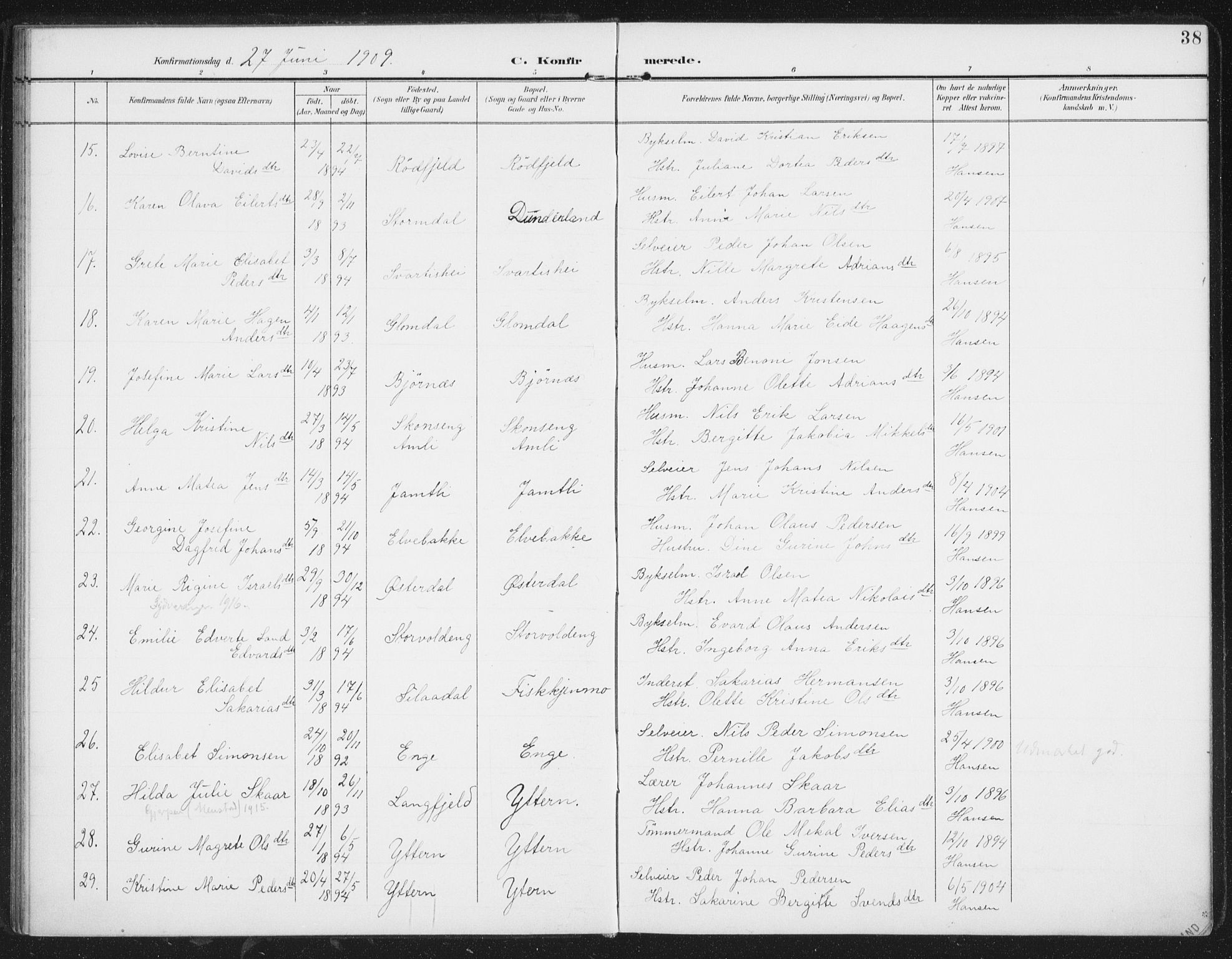 Ministerialprotokoller, klokkerbøker og fødselsregistre - Nordland, AV/SAT-A-1459/827/L0403: Ministerialbok nr. 827A15, 1903-1912, s. 38